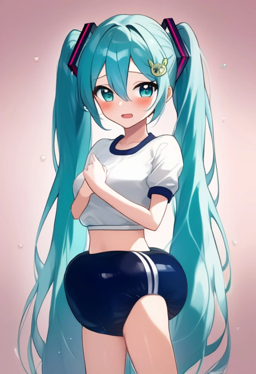 idol costume、frills、ribbon、puffy short sleeves、Young Hatsune Miku,huge breasts,young girl,small 、squat with legs apart、striped panties、striped underwear,Please open the white love juice on your thighs.、Drip a large amount of love juice、blush、embarrassed look、colorful costumes、large amount of liquid leaky panties get wet、Panties are transparent