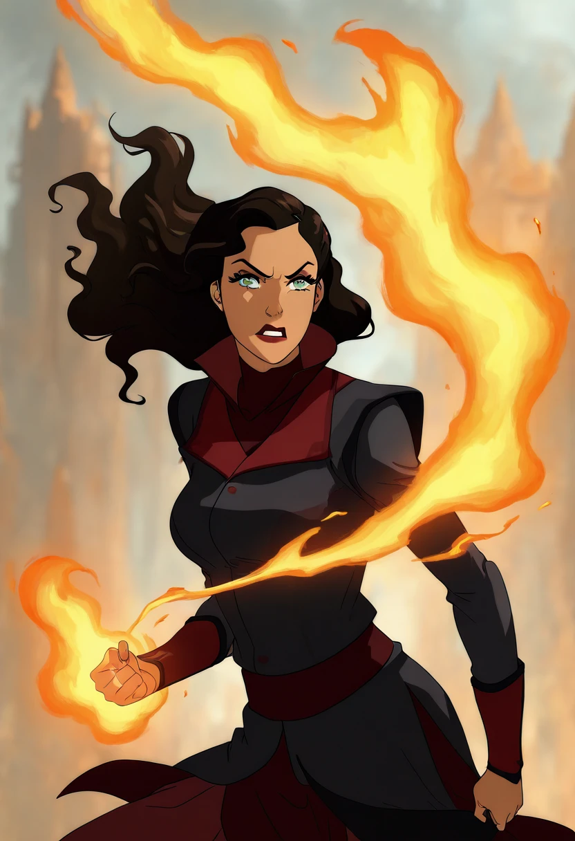 masterpiece, best quality, 1girl, solo, eyelashes, (beautiful eyes), aaAsami, solo, red collar, black jacket, cowboy shot, long hair, large breasts, black hair, 1girl, green eyes, jacket, belt, makeup, wavy hair, dynamic pose, angry, swirling fire, fire bending, ,(detailed beautiful face), <lora:KorraStyleNAI:1.0>,