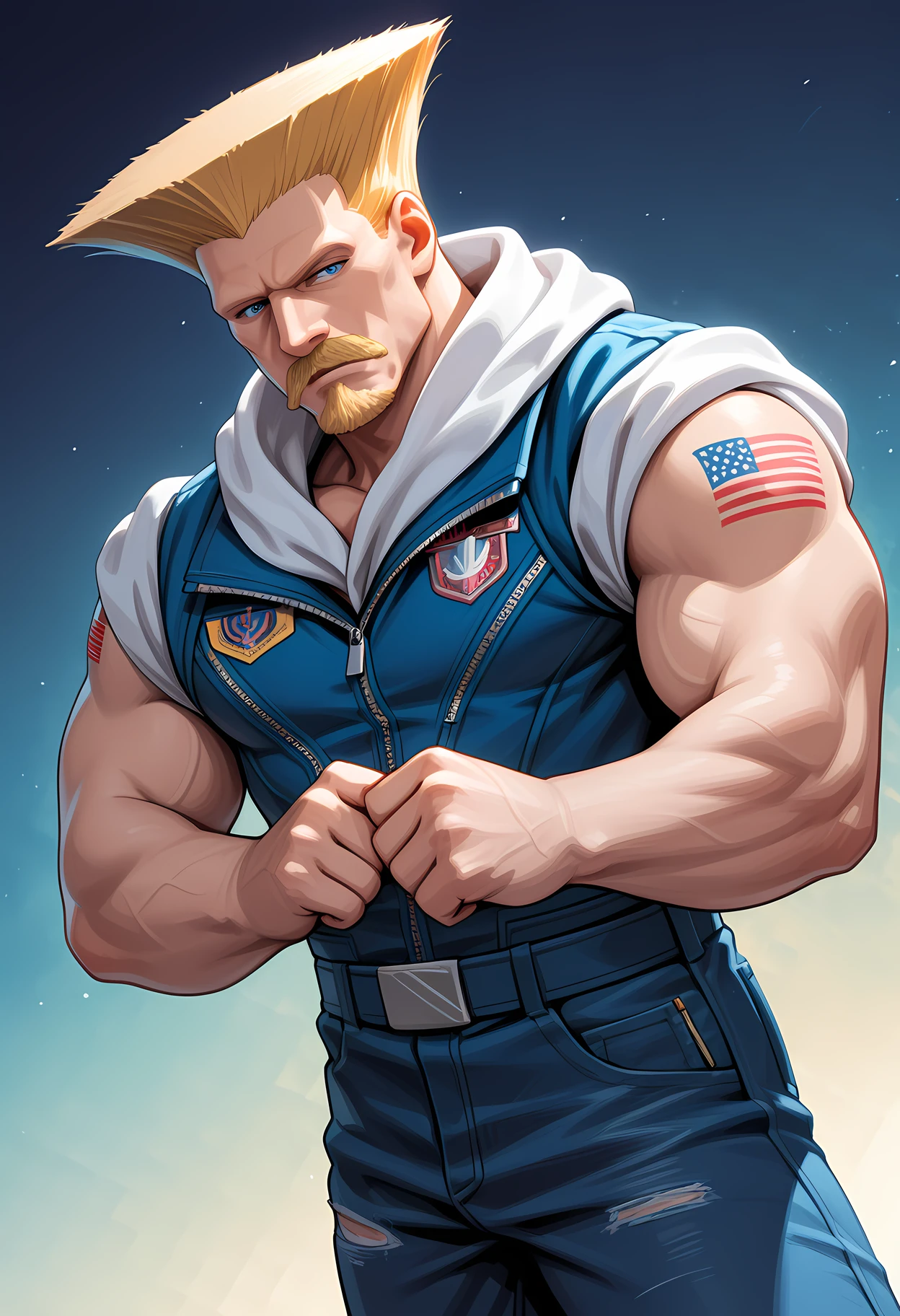 masterpiece, best quality, amazing quality, dutch angle, abstract background, BREAK
1boy, solo, male focus, sf_guile, blonde hair, blue eyes, facial hair, goatee, mustache, muscular male, american flag tattoo, blue hoodie, rolled sleeves, jeans, BREAK
<lora:cfg_scale_boost:.6> <lora:Guile_-_Street_Fighter_-_ILXL:1>