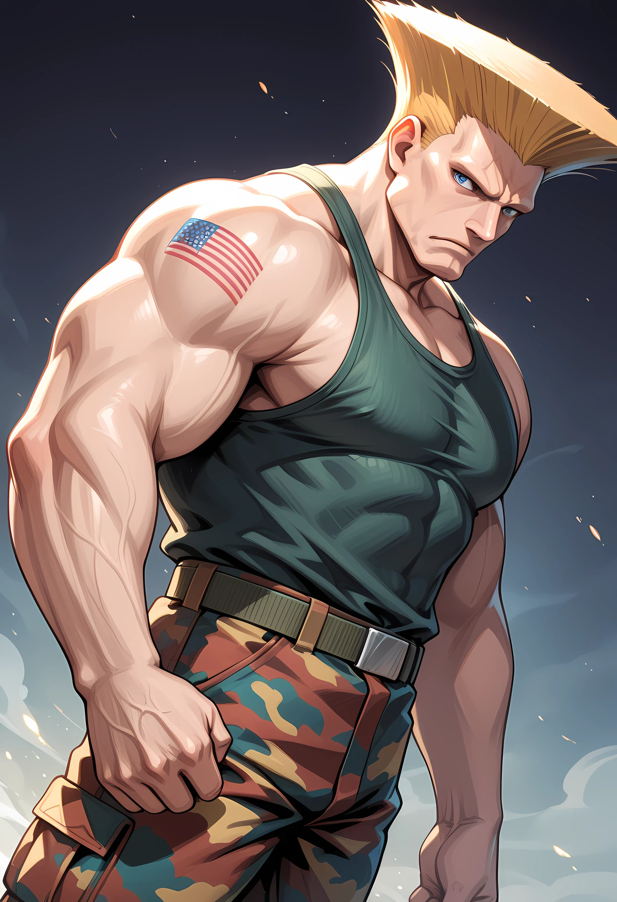 masterpiece, best quality, amazing quality, dutch angle, abstract background, BREAK
1boy, solo, male focus, sf_guile, blonde hair, blue eyes, muscular male, american flag tattoo, green tank top, camouflage pants, BREAK
<lora:cfg_scale_boost:.6> <lora:Guile_-_Street_Fighter_-_ILXL:1>