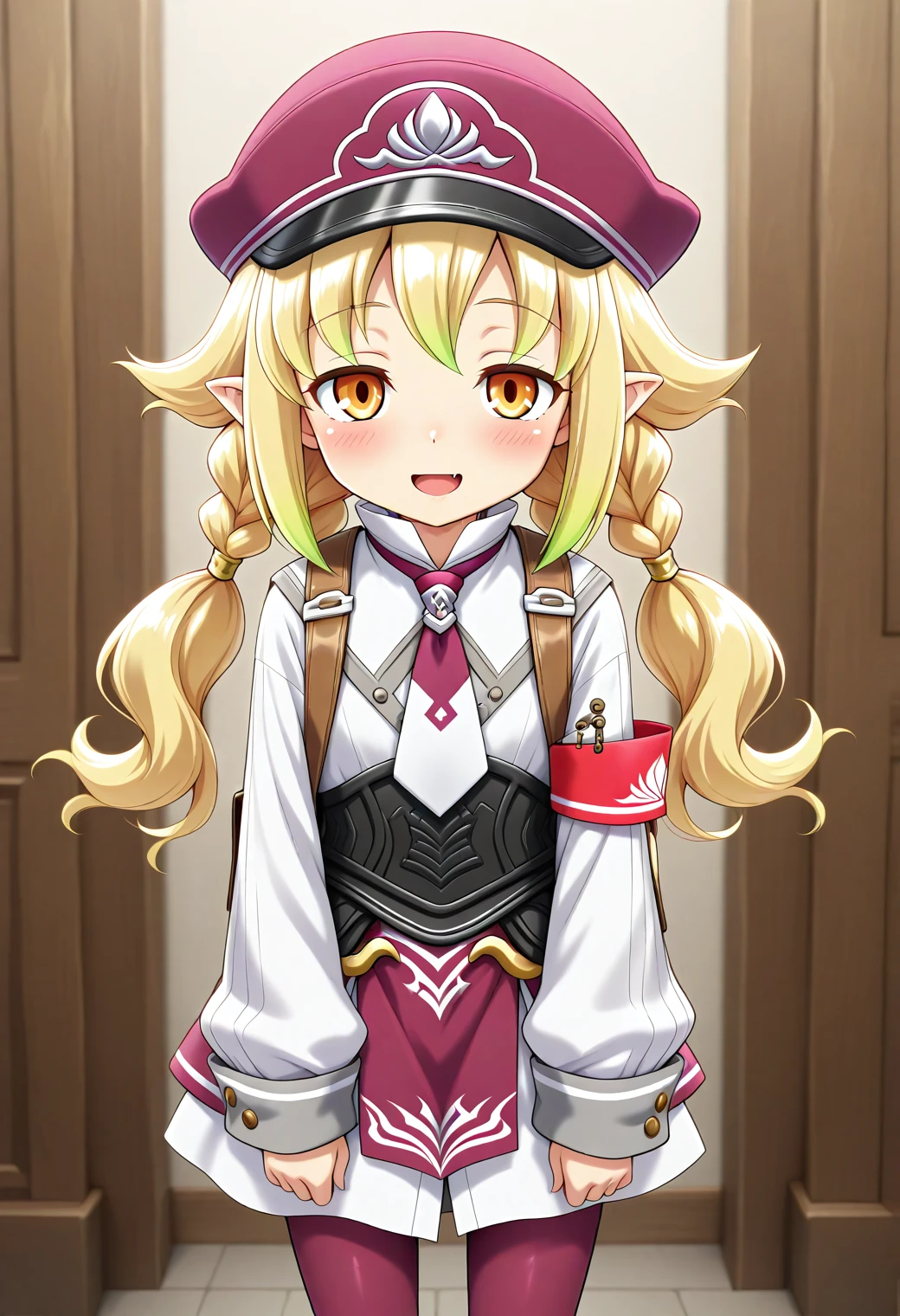 masterpiece, best quality, amazing quality, absurdres, cute round face, slender, ultra-detailed eyes, ultra-detailed hair, 1girl, solo, cowboy shot, smile, looking at viewer, blush, horny, lovely, <lora:RF5livia:1>, RF5livia, blonde hair, long hair, braid, twintails, brown eyes, pointy ears, :d, hat, necktie, shirt, long sleeves, left armband, pantyhose, skirt, bag, jacket, <lora:wai-Rectified-s:1>, <lora:prompt_extend:1>