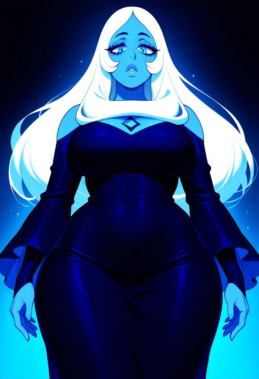 bluediamond, masterpiece, best quality, newest, absurdres, highres, 1girl, solo, colored skin, long hair, white hair, blue skin, blue eyes, long blue dress , thick, curvy, tall female, eyelashes, glossy lips,