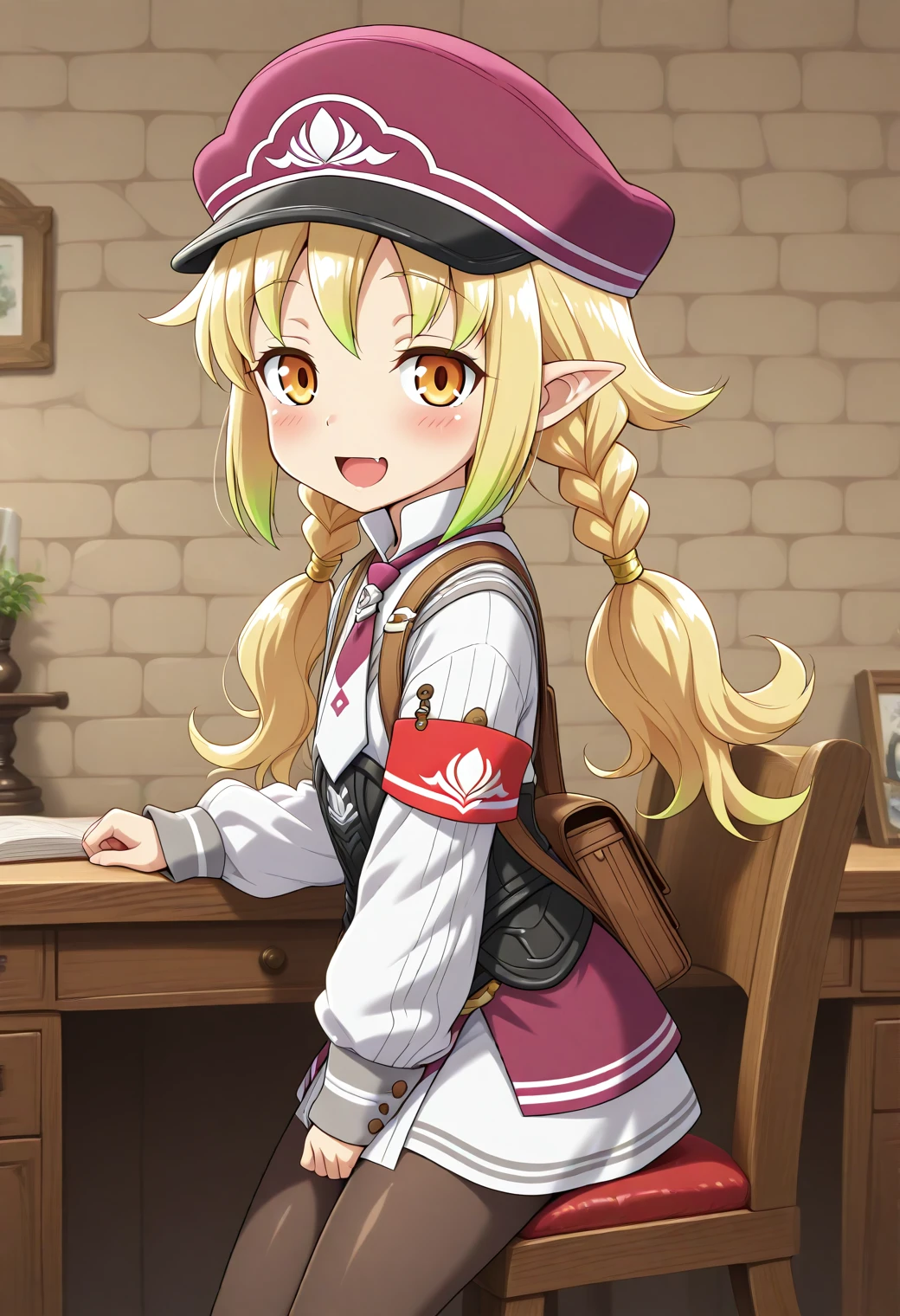 masterpiece, best quality, amazing quality, absurdres, cute round face, slender, ultra-detailed eyes, ultra-detailed hair, 1girl, solo, cowboy shot, smile, looking at viewer, blush, horny, lovely, working, fantasy office, indoor, fantasy, sit on chair, from side, <lora:RF5livia:1>, RF5livia, blonde hair, long hair, braid, twintails, brown eyes, pointy ears, :d, hat, necktie, shirt, long sleeves, left armband, pantyhose, skirt, bag, jacket, <lora:wai-Rectified-s:1>, <lora:prompt_extend:1>