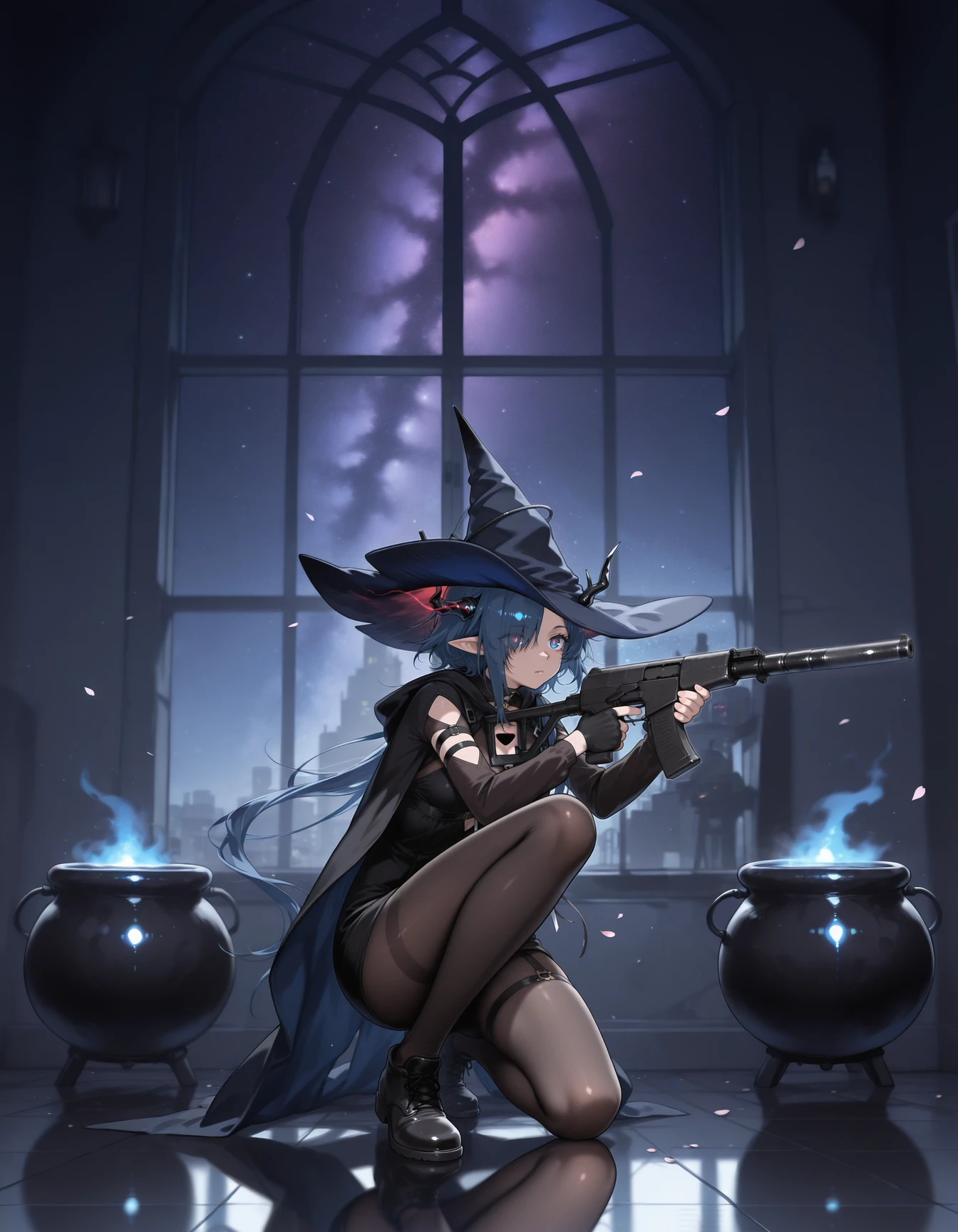 1girl, <lora:Ermengarde:0.6>, ermengarde \(arknights\), hole in chest, blue hair, blue eyes, red pupils, horns, witch hat, hair over one eye, as_val_x_vss, assault rifle, suppressor, holding rifle, aiming, <lora:as_val_x_vss_ill_v1.0:1>, reflective floor, black marble, detailed floor, starry sky, glowing eyes, glowing eye trail, standing, cauldron, green glowing, (neon palette), falling petals, indoors, huge window,