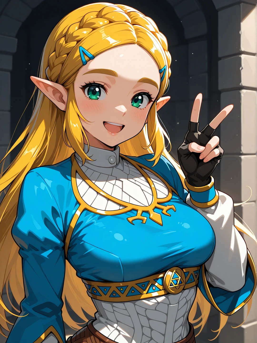 masterpiece, best quality, medium breasts, (curvy), princess zelda, long hair, crown braid, hairclip, pointy ears, blue shirt, long sleeves, fingerless gloves, black gloves, (upper body), white shirt, smile, teeth, :D, v,