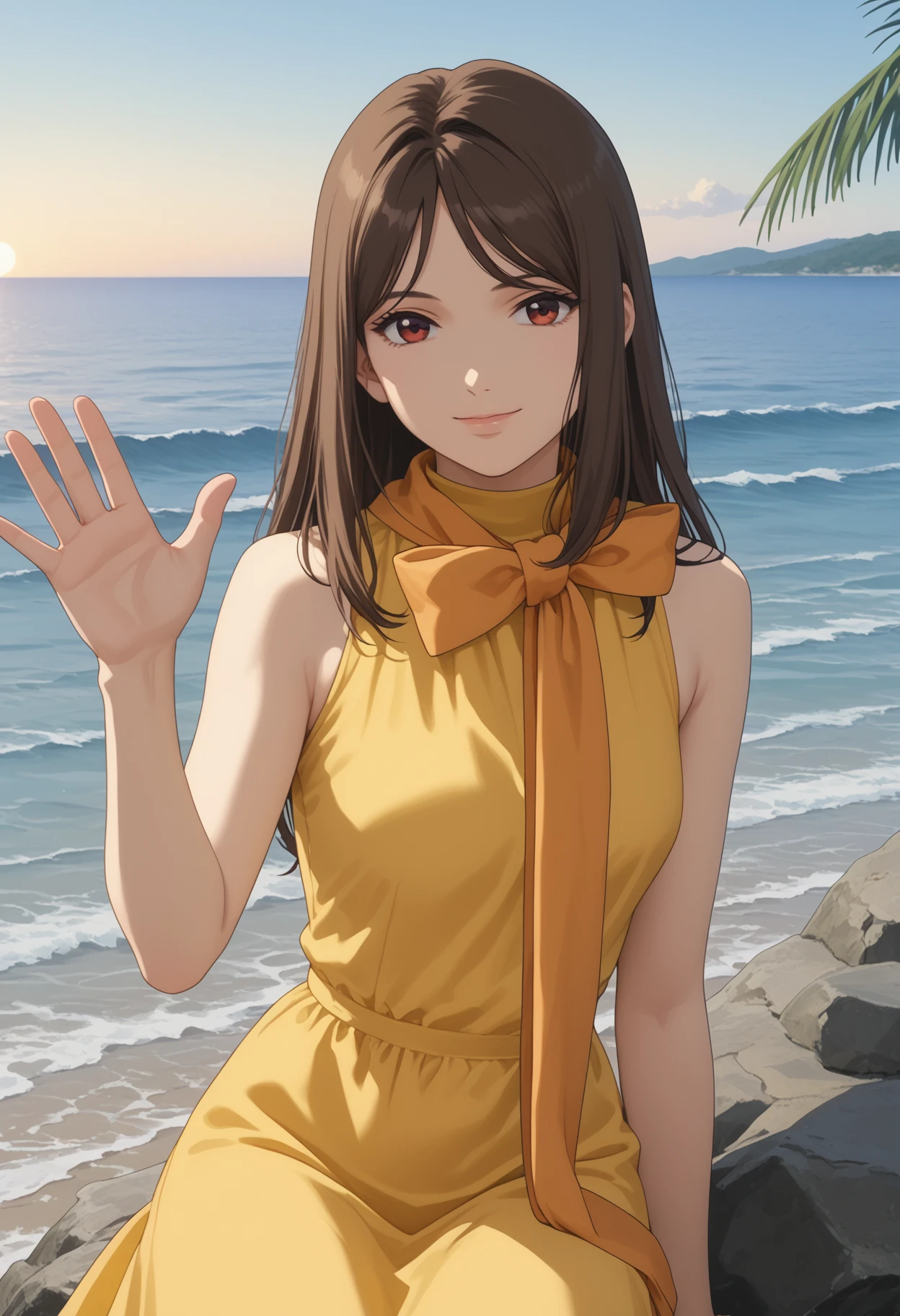 score_9, score_8_up, score_7_up, 1girl, solo, re1kam1shima, anime coloring, anime screencap, brown hair, red eyes, long hair, sitting on rock, beach, waves, ocean, horizon, evening, looking at viewer, upper body, yellow dress, sleeveless dress, long dress, orange scarf, turtleneck dress, long scarf, parted bangs, long sidelocks, <lora:Reika_Mishima_Pony_v2:1.0> , light smile, waving, palm tree,