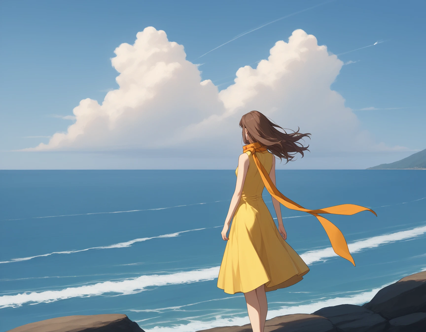 score_9, score_8_up, score_7_up, 1girl, solo, re1kam1shima,game cg, brown hair, facing away, floating hair, wind, floating hair, long hair, standing, orange scarf, long scarf, floating scarf, yellow dress, sleeveless dress, long dress, turtleneck dress, long sidelocks, day, cloudy sky, cliff, waves, ocean,<lora:Reika_Mishima_Pony_v2:1.0> , outdoors, from behind, from side,