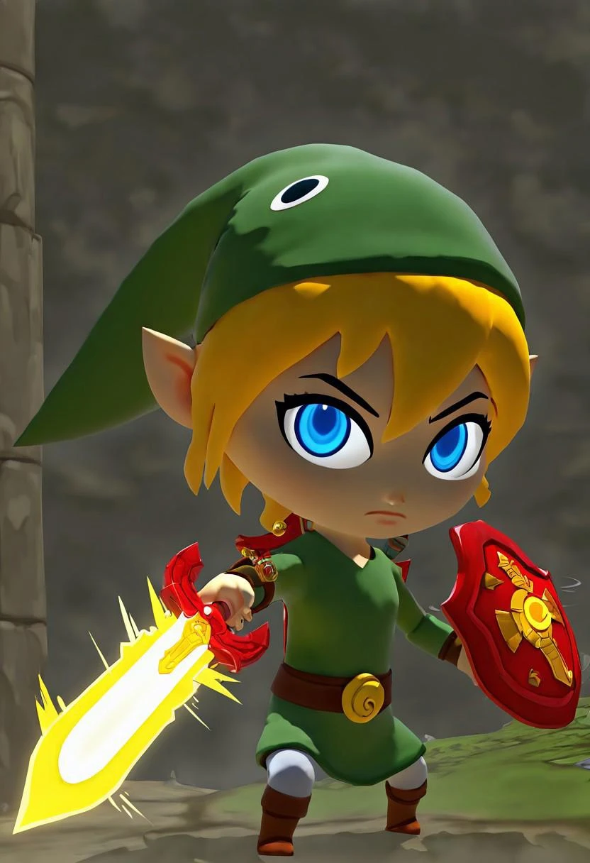 masterpiece, best quality, solo, 1girl, solo, blue eyes, blonde hair, hat, weapon, pointy ears, sword, chibi, shield , dynamic pose, sword slash, motion lines,