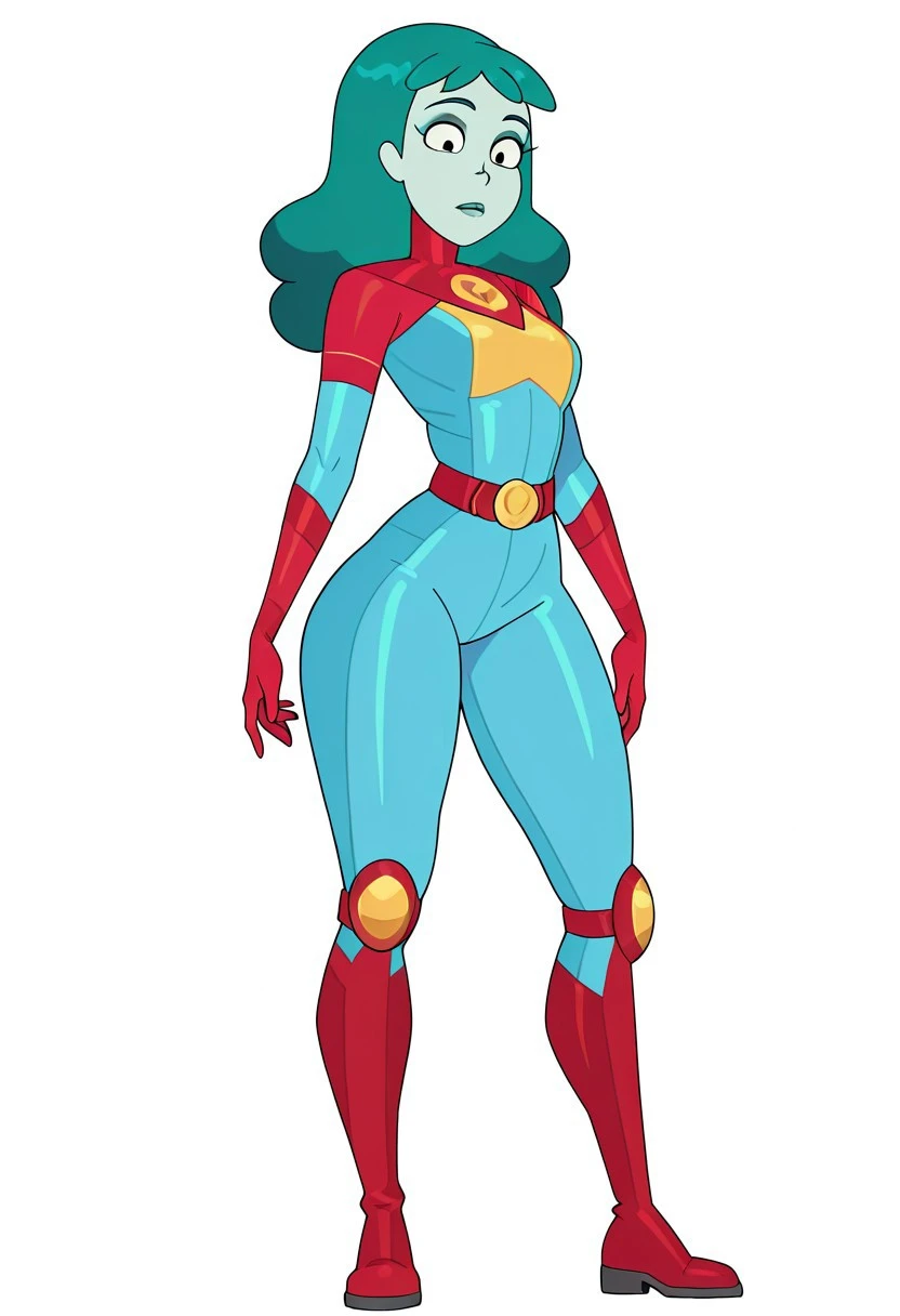 planetina, masterpiece, best quality, newest, absurdres, highres, 1girl, solo, colored skin, green hair, red gloves, blue skin, long hair, belt, red footwear, green lips, red footwear, superhero outfit, , slimthick, black eyes, makeup, boots,