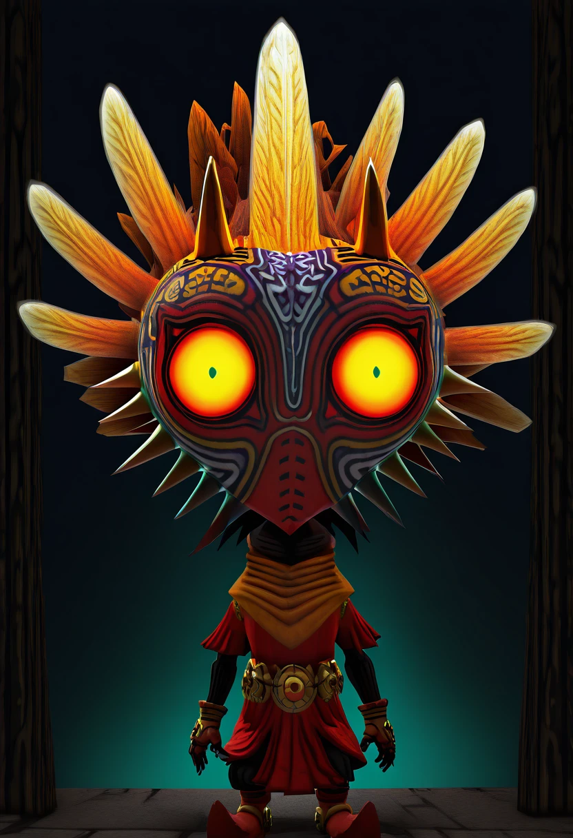 masterpiece, best quality, solo,   1girl, solo, chibi, 3d,  zzMajora, spikes, yellow sclera, solo, 1boy, horns, glowing eyes, looking at viewer, ,  <lora:MajoraZeldaIXL_v2:1.0>,      <lora:WindWakerStyle_NAI:1.0>,