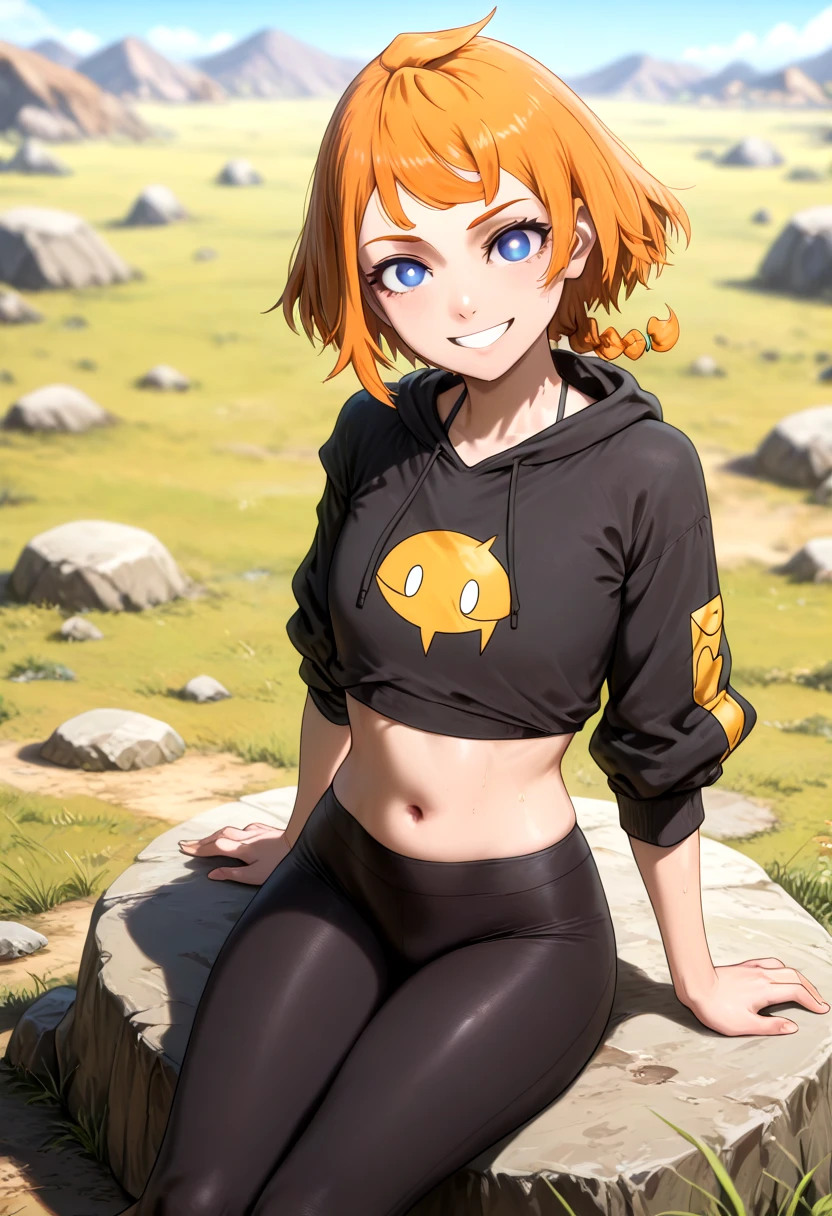 masterpiece, amazing quality, best quality, 8K, illustration,ultra-detailed, amazing quality, newest, absurdres, highres, very aesthetic, 1girl, solo, sitting, on rock, black cropped hoodie, navel, (black leggings) , natsume_deca, short hair, blue eyes, braid, orange hair, smile, looking at viewer, grasslands, <lora:natsume_deca-il:1>, Smooth Quality , <lora:Smooth_Lighting_Enhancer:-0.5>,