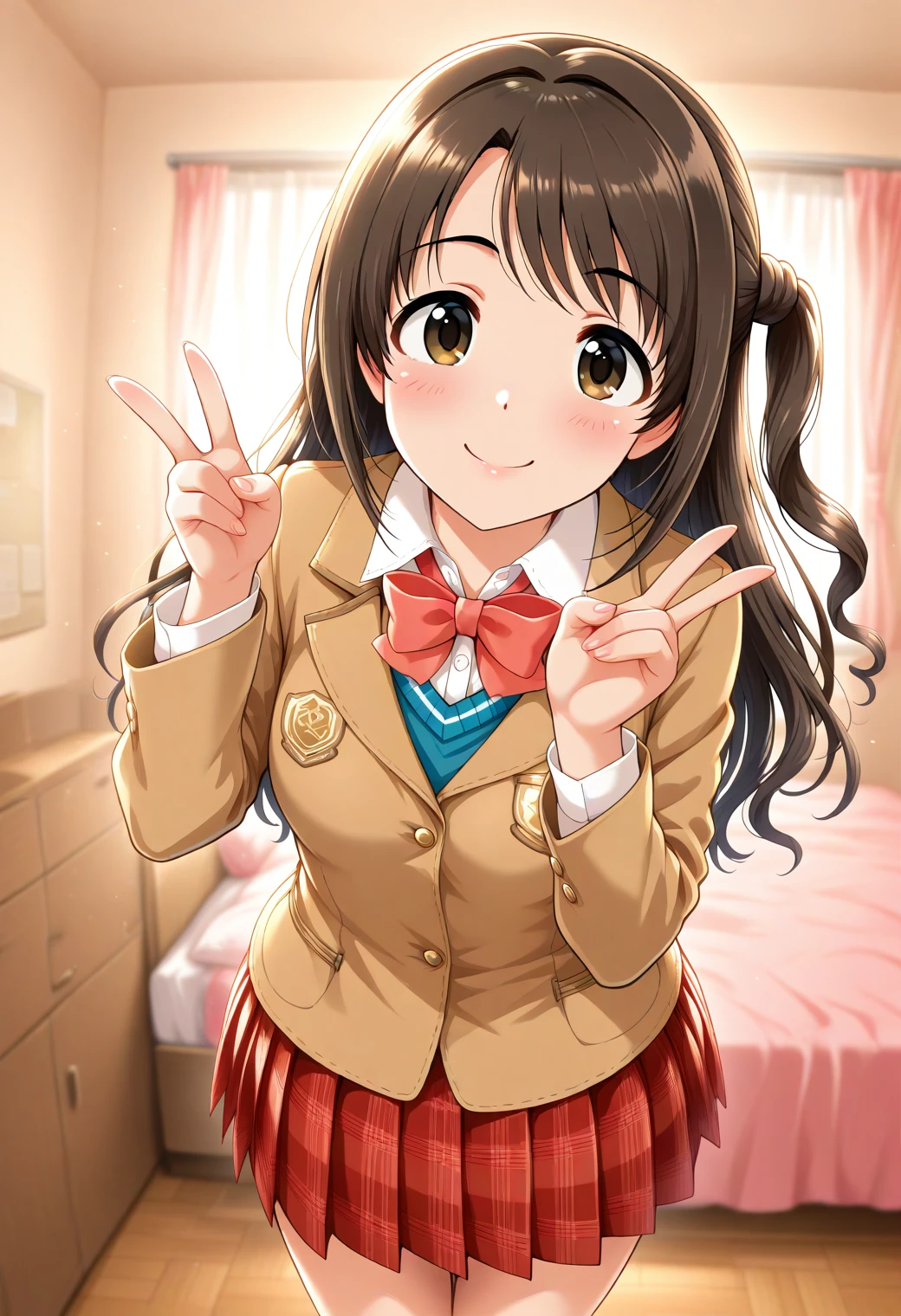 masterpiece, best quality, amazing quality, 1girl, solo, stand, makeup, blush, cowboy shot, looking at viewer, her room, dramatic, V, happy, smile, cute pose, lovely, <lora:Shimamura_Uzuki_cinderella:1>, Shimamura_Uzuki_Cinderella, long hair, brown hair, brown eyes, one side up, half updo, , school uniform, white shirt, red pleated skirt, red bowtie, sweater vest, brown jacket, blazer, plaid skirt, school emblem, <lora:wai-Rectified-s:1>, <lora:prompt_extend:1>