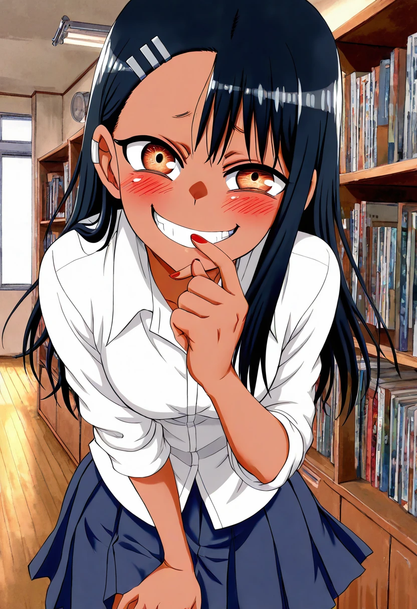 masterpiece, best quality, 1girl, solo, eyelashes, (beautiful eyes), zzNagatoro, school uniform, blue pleated skirt, white shirt, nail polish, red nails, earclip, bookshelves, solo, indoors, library, finger to lips, smirking, looking at viewer, over-the-shoulder pose, soft lighting â Hidden between quiet library stacks, Nagatoro peeks back over her shoulder, a finger to her lips. Her red nails gleam as she hushes the viewer with playful dominance. The white of her uniform glows in the soft light spilling through tall windows, her pleated skirt subtly swaying. Her earclip sparkles, and the slight tilt of her head paired with that half-smile speaks louder than wordsâsheâs about to say something very distracting in the most silent place on campus. ,<lora:NagatoroNAI:0.7>,