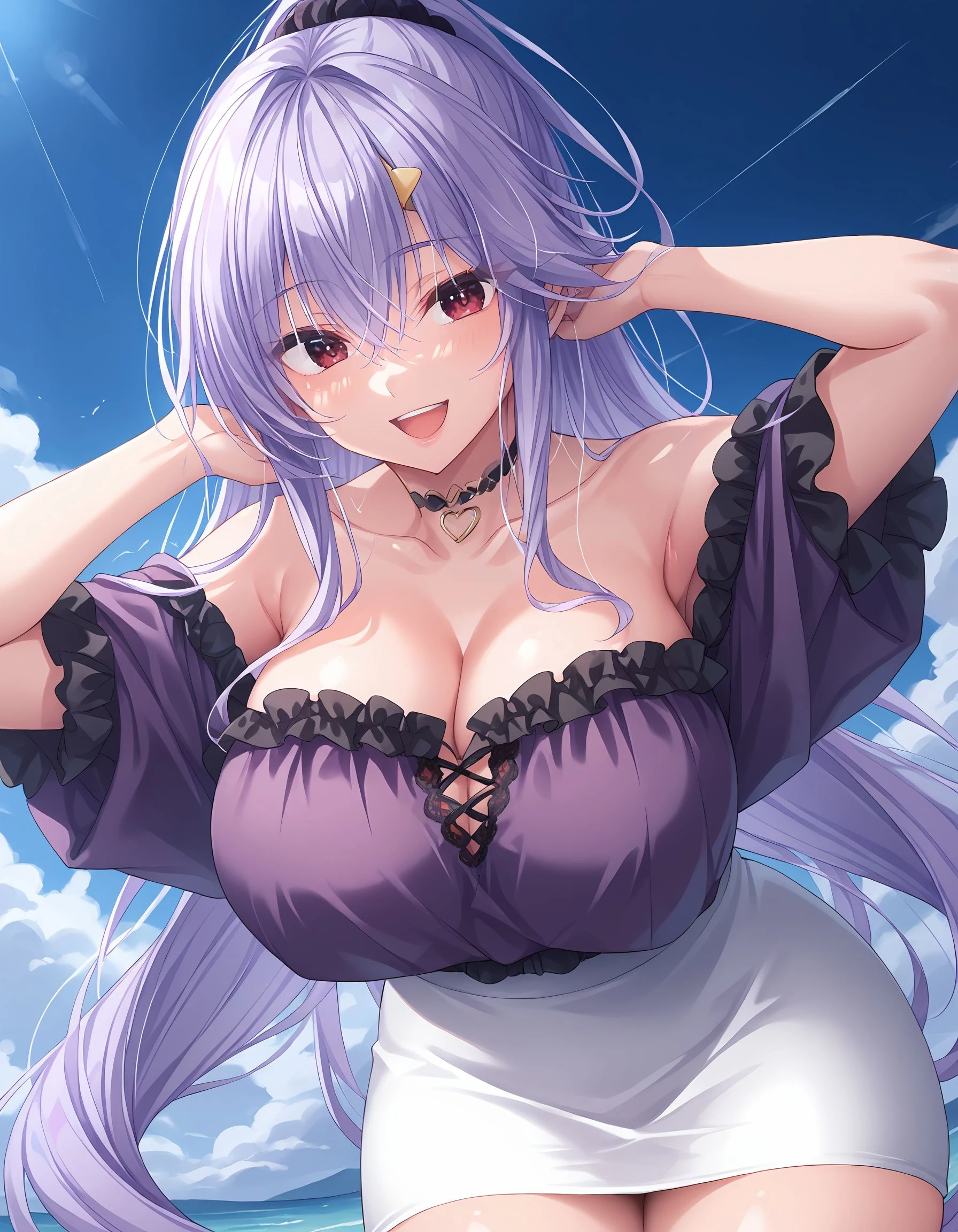 (((masterpiece, best quality))), (((superior quality))), cute girl, ((extremely detailed girl)), ((huge breasts)), yukata, bare shoulders, strapless top, long silver hair, happy