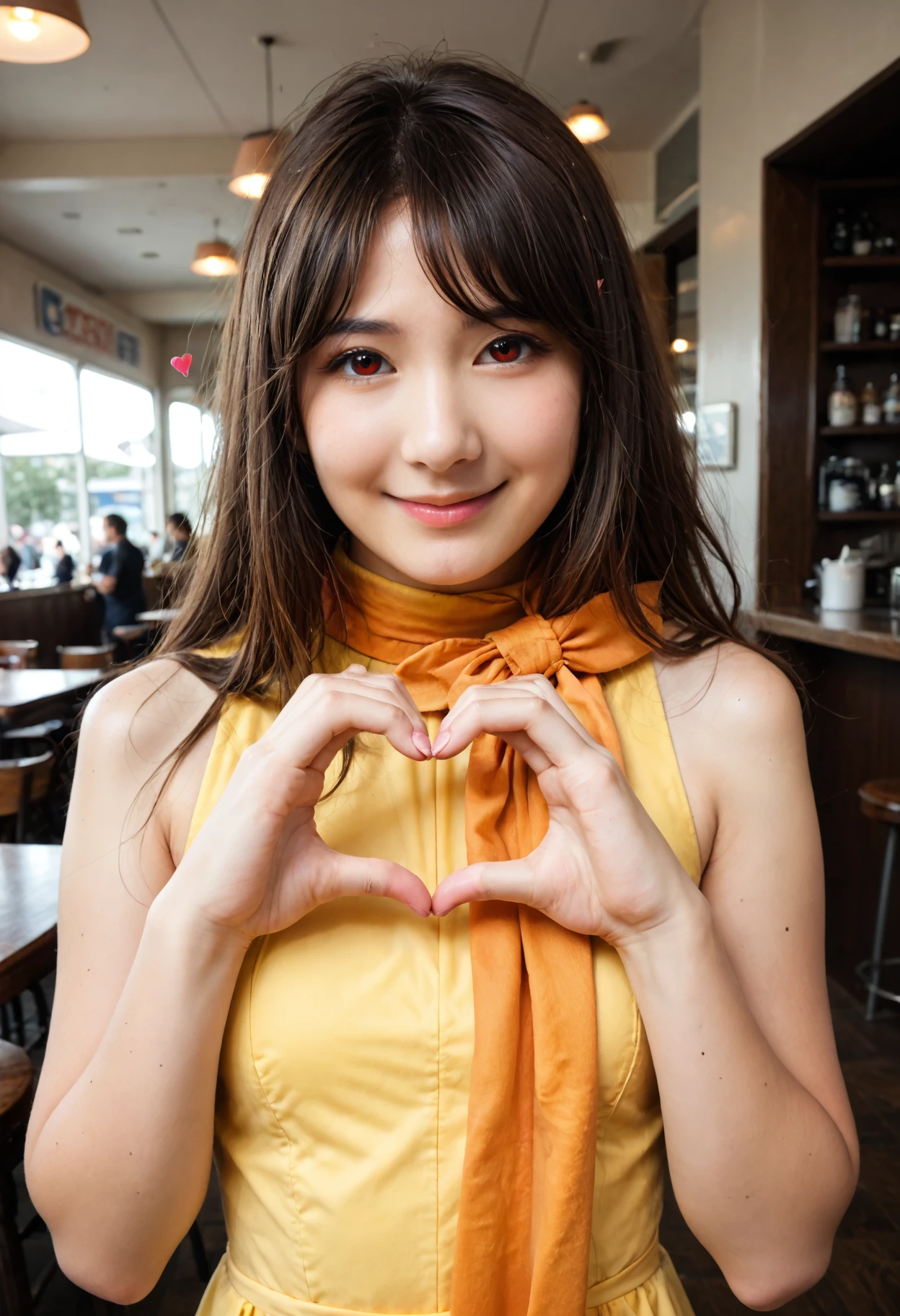 score_9, score_8_up, score_7_up, 1girl, solo, re1kam1shima, cute, cosplay photo, asian, brown hair, red eyes, long hair, cafe, (heart hands:1.3), looking at viewer, upper body, yellow dress, sleeveless dress, long dress, scarf bow, orange scarf, turtleneck dress, long scarf, parted bangs, long sidelocks, <lora:Reika_Mishima_Pony_v2:1.0> , smile, Raw Photo, Realistic skin:1.4, photo realistic:1.4, petite,