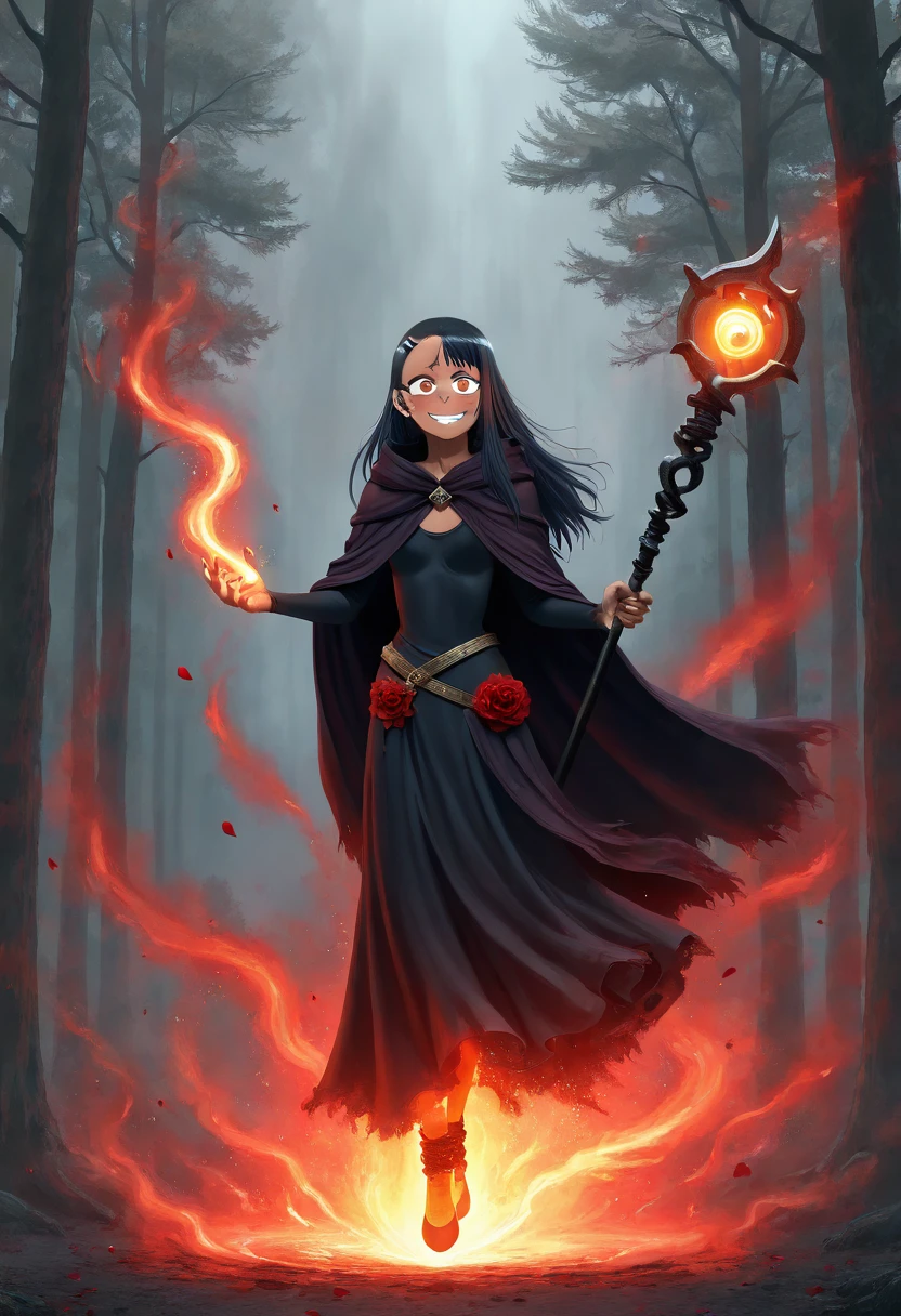 masterpiece, best quality, 1girl, solo, eyelashes, (beautiful eyes), zzNagatoro, fantasy, dark sorceress, magical staff, burning roses, flowing cloak, gothic dress, red aura, floating, solo, enchanted forest, glowing runes, intense eyes, long nails, spellcasting pose, cinematic lighting â Rising above a forest of thorned vines and blood-red petals, Nagatoro channels arcane fire through a staff wreathed in burning roses. Her cloak flares out in defiance of gravity, and the earth beneath her cracks from sheer power. A twisted smile curls on her lips as glowing runes circle her feet. Her nails gleam like molten rubies, and with one glance, you know sheâs about to cast a spell thatâll change the worldâor end it. ,<lora:NagatoroNAI:1.0>,