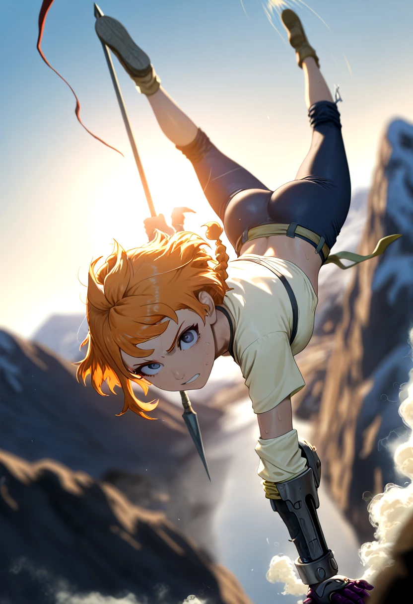 masterpiece, amazing quality, best quality, 8K, illustration,ultra-detailed, amazing quality, newest, absurdres, highres, very aesthetic, natsume_deca, short hair, (blue eyes), braid, orange hair,single mechanical arm, 1girl, solo, airborne, dynamic angle, dynamic pose, action shot, in air, flying, holding spear, dramatic lighting, dark lighting, contrast lighting, solo, 1girl, (((motion blur, depth of field, steam, blurry background))), acrobatic, looking at viewer, outdoors, spinning, graceful, <lora:natsume_deca-il:1>, Smooth Quality , mountain