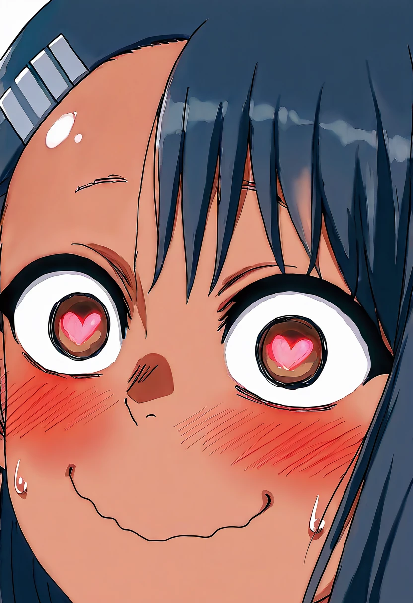 masterpiece, best quality, 1girl, solo,   ,<lora:NagatoroNAI:1.0>,   zzNagatoro, blush, wavy mouth, close-up, looking at viewer, earclip, closed mouth, sweat, wide-eyed, portrait, smile, sweatdrop, blue hair, embarrassed, heart eyes,