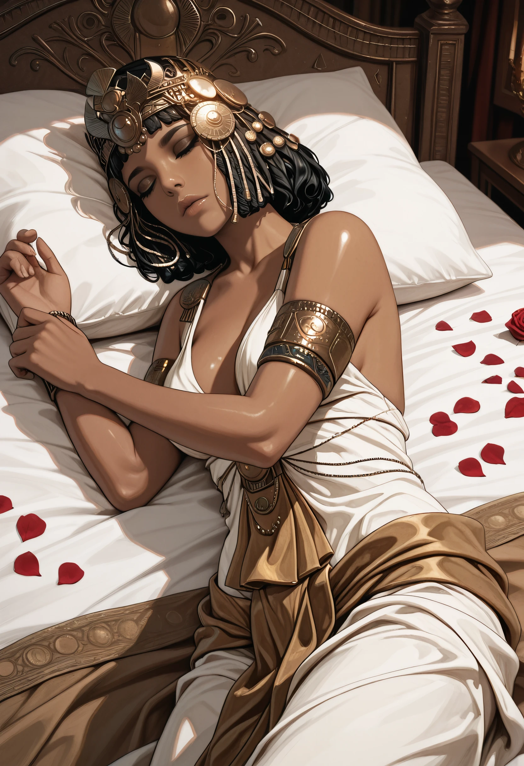 masterpiece, best quality, absurdres, highres, extremely high detail,
<lora:ILACOCleopatra:1.0>
ACOCleopatra, 1girl, black hair, jewelry, crown, short hair, brown eyes, tanned skin, laying back, on bed, arms up