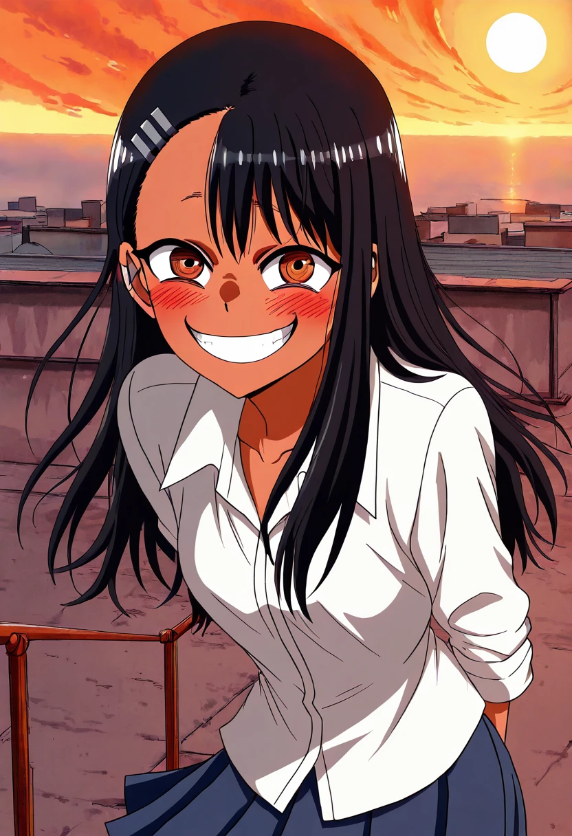 masterpiece, best quality, 1girl, solo, eyelashes, (beautiful eyes), zzNagatoro, 1girl, school uniform, white shirt, blue pleated skirt, red nail polish, earclip, brown skin, sharp smile, leaning forward, solo, rooftop, sunset, wind in hair, playful expression, looking at viewer, dynamic angle â Leaning over the rooftop railing, Nagatoro grins with her signature mischievous smirk, her red nails drumming against the concrete edge. The warm sunset paints golden light across her white school shirt, slightly unbuttoned, the breeze ruffling her navy-blue skirt. One eye catches the light as she stares at you with teasing intensity, her earclip glittering like a secret. The sky behind her burns in orange and pink hues, echoing the fire in her tauntâdaring you to say something back. ,<lora:NagatoroNAI:1.0>,