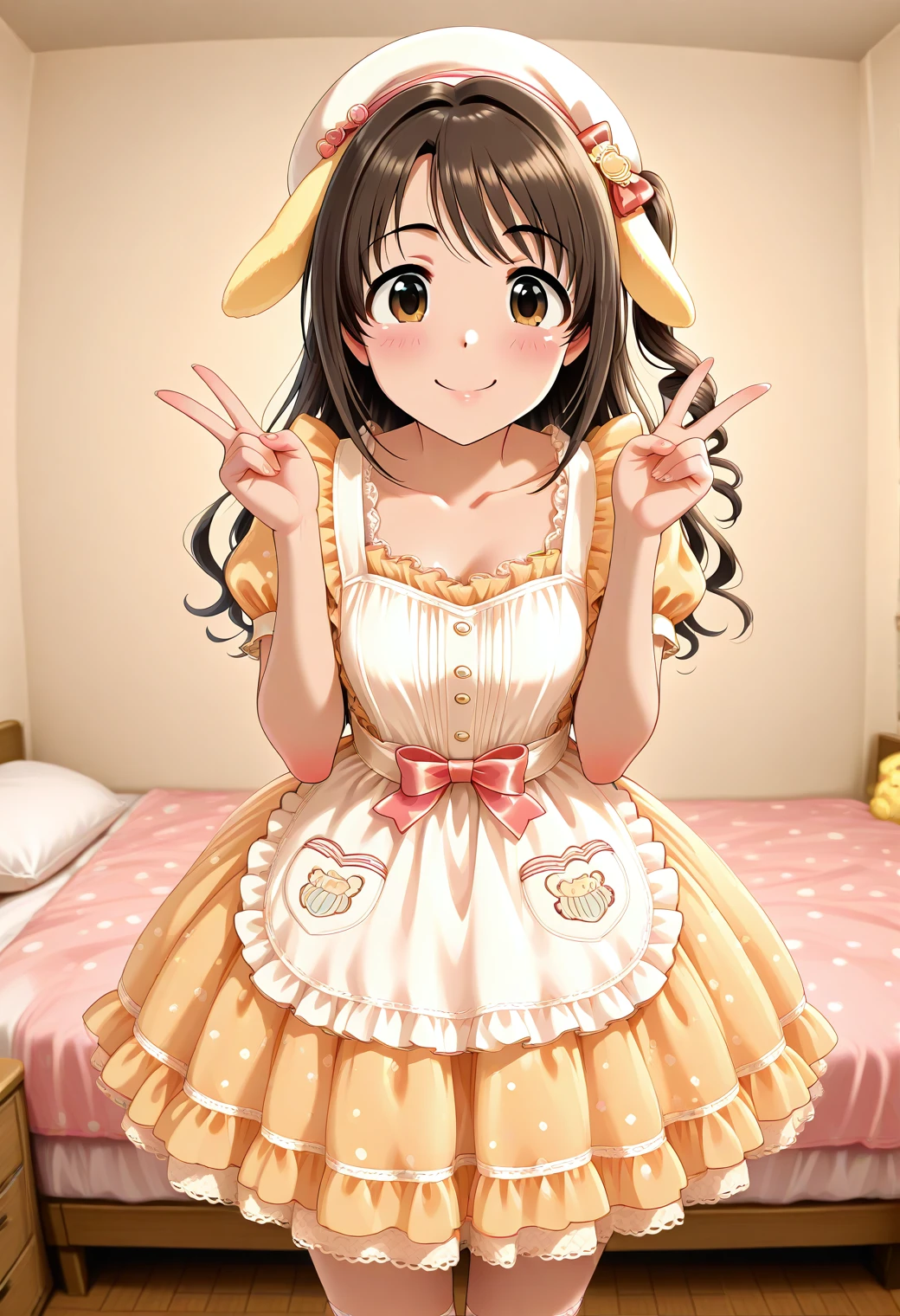 masterpiece, best quality, amazing quality, 1girl, solo, stand, makeup, blush, cowboy shot, looking at viewer, her room, dramatic, V, happy, smile, cute pose, lovely, <lora:Shimamura_Uzuki_cinderella:1>, Shimamura_Uzuki_Cinderella, long hair, brown hair, brown eyes, one side up, half updo, , <lora:PomPomPurinmotifdress:0.7>, PomPomPurinmotifdress, yellow dress, bow, frills, short sleeves, apron, beret, (floppy ears:1.1), polka dot, hair ornament, white socks, ribbon, lace trim, puffy sleeves, mary janes, <lora:wai-Rectified-s:1>, <lora:prompt_extend:1>