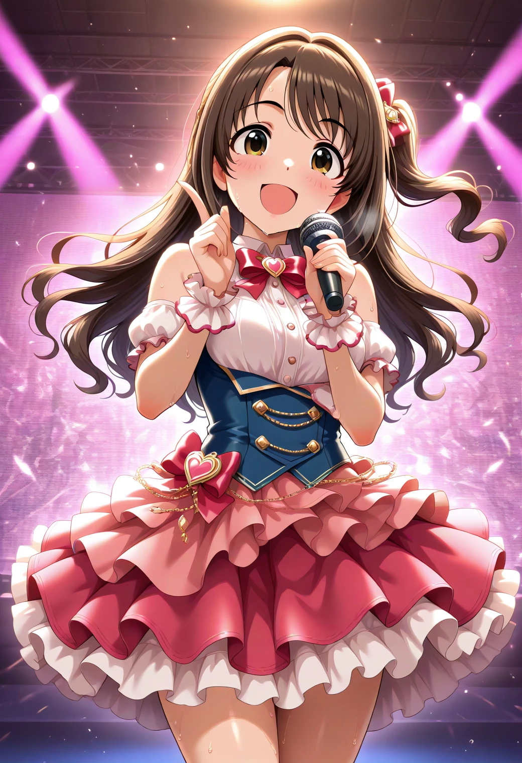 masterpiece, best quality, amazing quality, 1girl, solo, roundabout background, detailed background, lovely, idol, detailed hand, looking at viewer, smile, excited, performance, idol pose, idol posture, makeup, blush, cowboy shot, dynamic view, effect, stage effect, sweaty, idol dress, hold microphone, live stage, indoor, <lora:Shimamura_Uzuki_cinderella:1>, Shimamura_Uzuki_Cinderella, long hair, brown hair, brown eyes, one side up, half updo, , <lora:wai-Rectified-s:1>, <lora:prompt_extend:1>