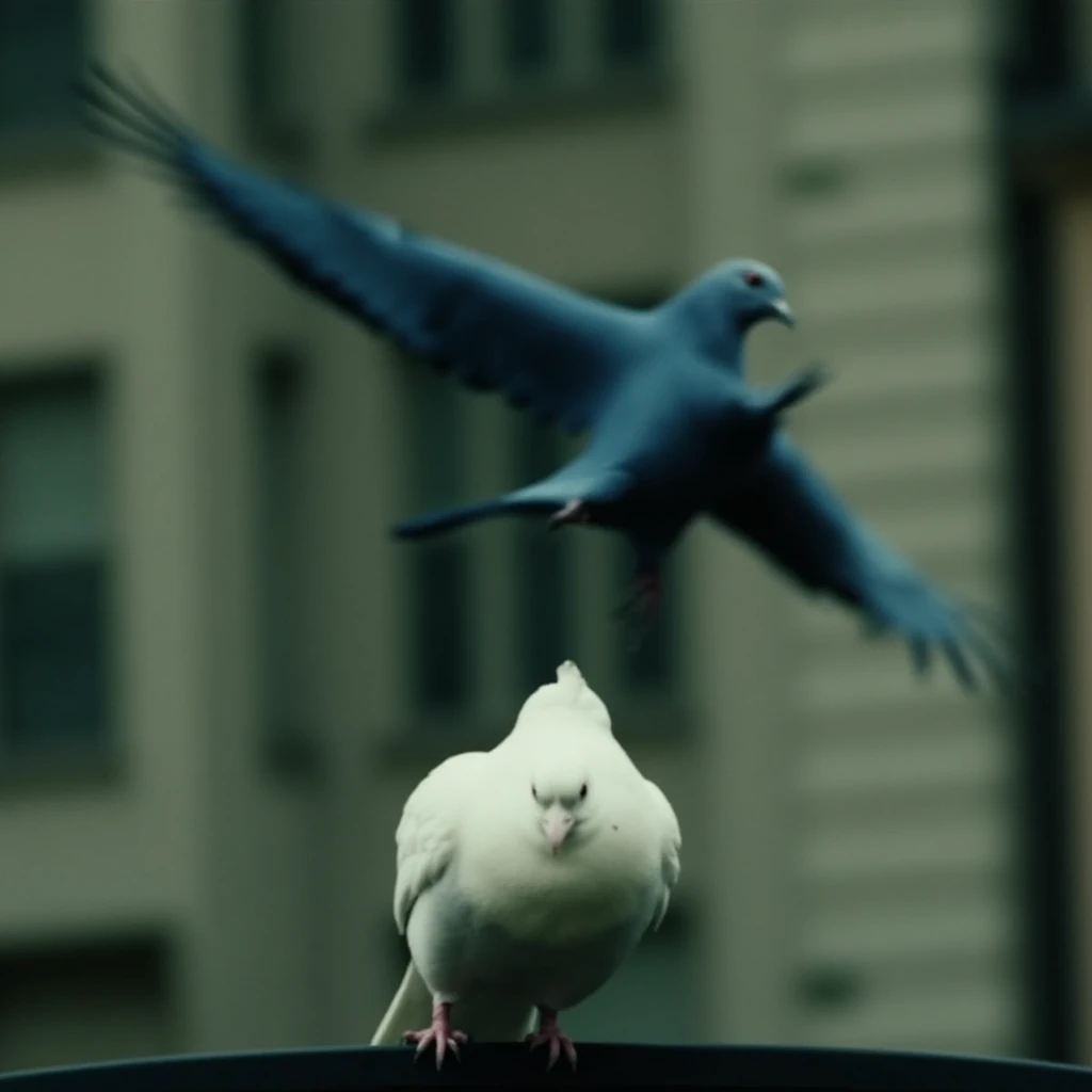 cinematic film still of  <lora:cinematic Immortal (ad vitam) v1:0.7>
cinematic style In 2095, New York City, a different picture of a blue bird is flying over a white pigeon on a pole, shallow depth of field, vignette, highly detailed, high budget, bokeh, cinemascope, moody, epic, gorgeous, film grain, grainy