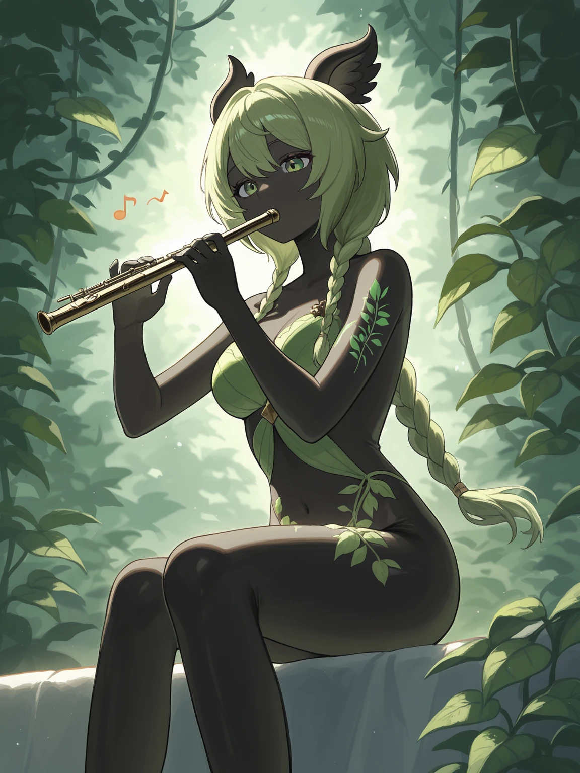 1 girl ,  satyr girl , black skin , leaf tattoo , green tattoo, vine , playing instrument , playing flute , musical note , sitting , braided hair ,
masterpiece, best quality, good quality, very awa, newest, highres, absurdres, Shiun_(siun_5513), 7481llu , bl4ckb0x_style ,