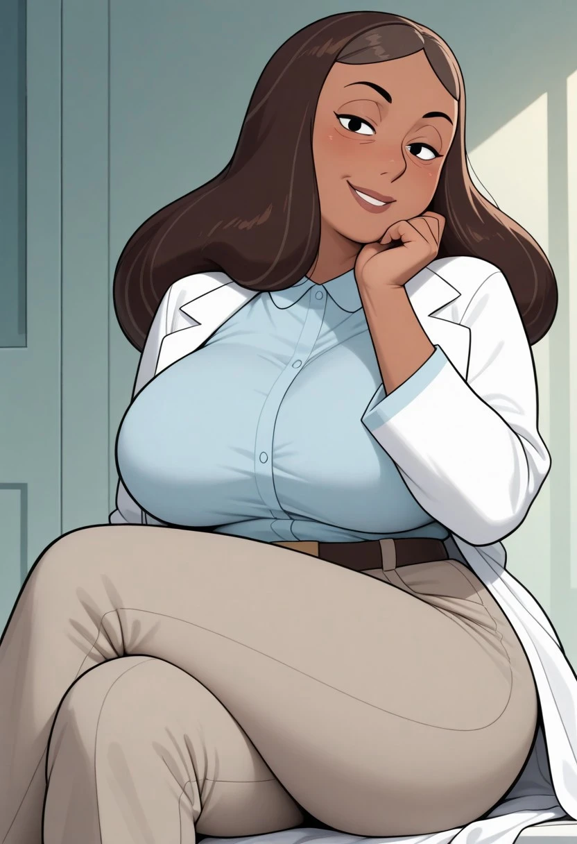 two toned hair, cartoon, round eyes, round face, milf, older woman, (masterpiece:1.5), (best quality:1.5), (amazing quality:1.4), thick, wide hips, round breasts, girl, solo, blush, priyanka, 1girl, mature_female, solo, brown hair, long hair, dark-skinned female, collared shirt, labcoat, belt, shirt tucked in, breasts, mature female, solo, black eyes, eyes half closed, sitting, hand on chin, legs crossed, priyankamaheswaranILL, looking at viewer, long pants, female focus, good lighting, smiling,