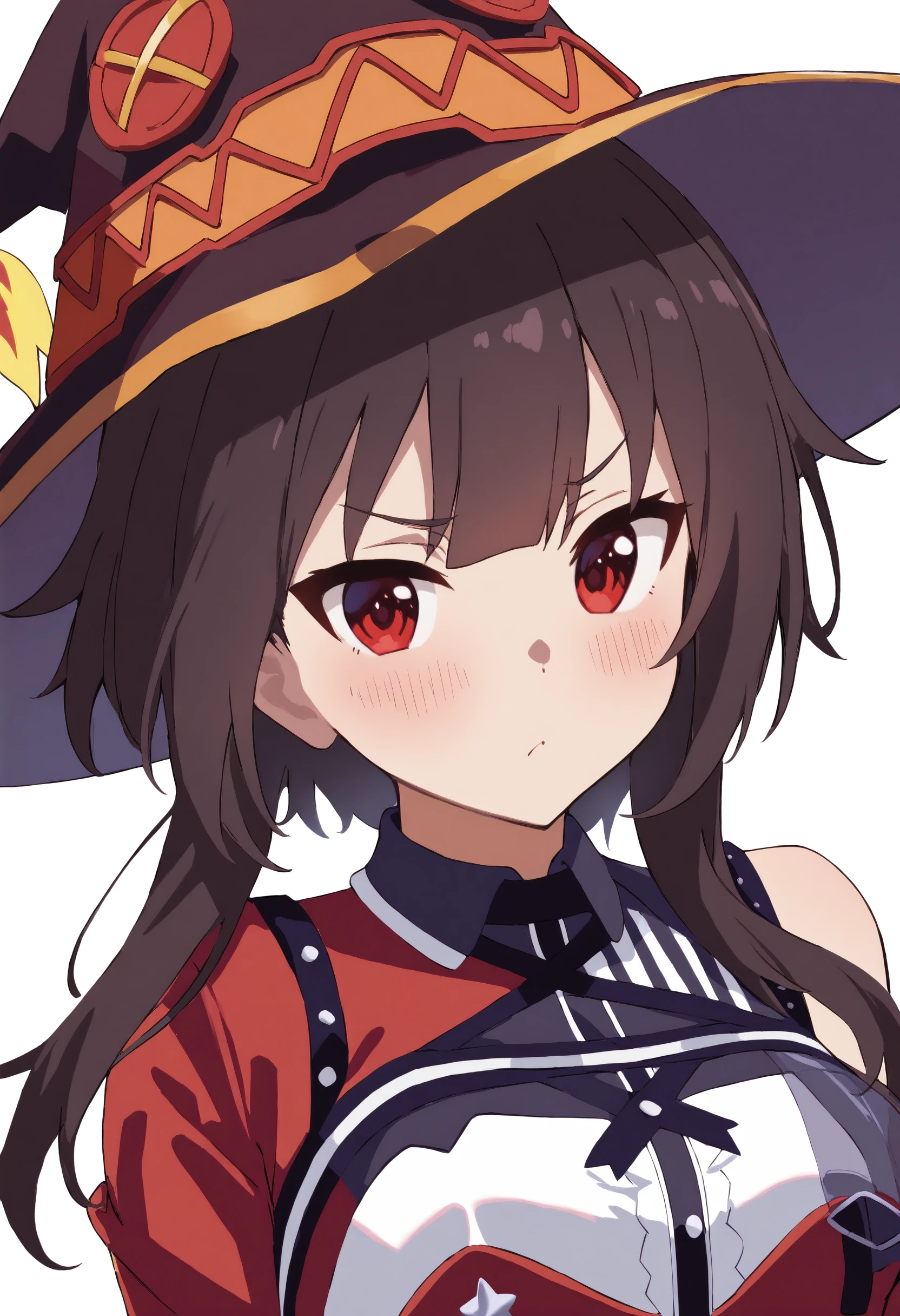 1girl, megumin, kono subarashii sekai ni shukufuku wo!, sensitive,
long hair, black hair, red eyes, hololive idol uniform \(color rise\), witch hat,
white background,
masterpiece, high score, great score, absurdres, <lora:hololive-idol-uniform-color-rise:1>