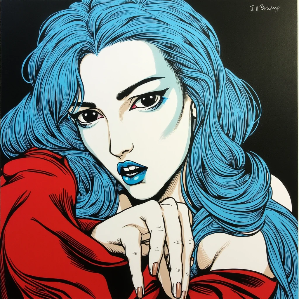 comic book art of  <lora:cinematic Immortal (ad vitam) v1:0.8>
cinematic style In 2095, New York City, Jill Bioskop pale skin a painting of a woman with blue hair, comic art, graphic novel illustration