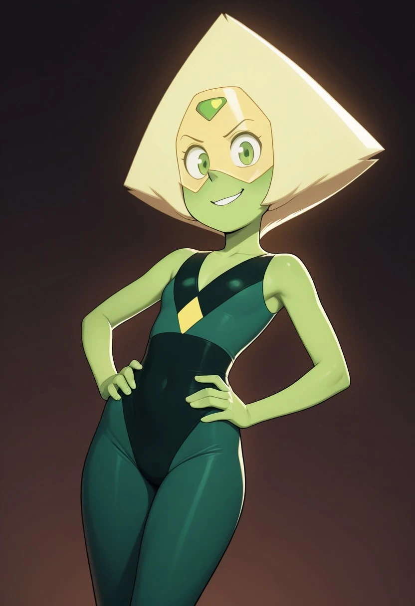 masterpiece, best quality, newest, absurdres, highres, 1girl, solo, amazing quality, good lighting,
peridotILL, peridot, peridot from steven universe
green skin, yellow visor, green eyes, green forehead gem, diamond-shaped hair, yellow hair, dark green and black bodysuit, v-neck body suit, shoulders exposed, bare arms, sleeveless bodysuit
looking at viewer, hands on hips, smiling, dynamic pose, dynamic angle, peace sign, safe for work, sfw, elegant pose,
source_cartoon, cartoon, (soft skin shading:1.4), (glistening highlights:1.3), (detailed hands:1.3), (smooth shading:1.4), (bold outlines:1.3), (soft lighting:1.3), (vibrant colors:1.4),