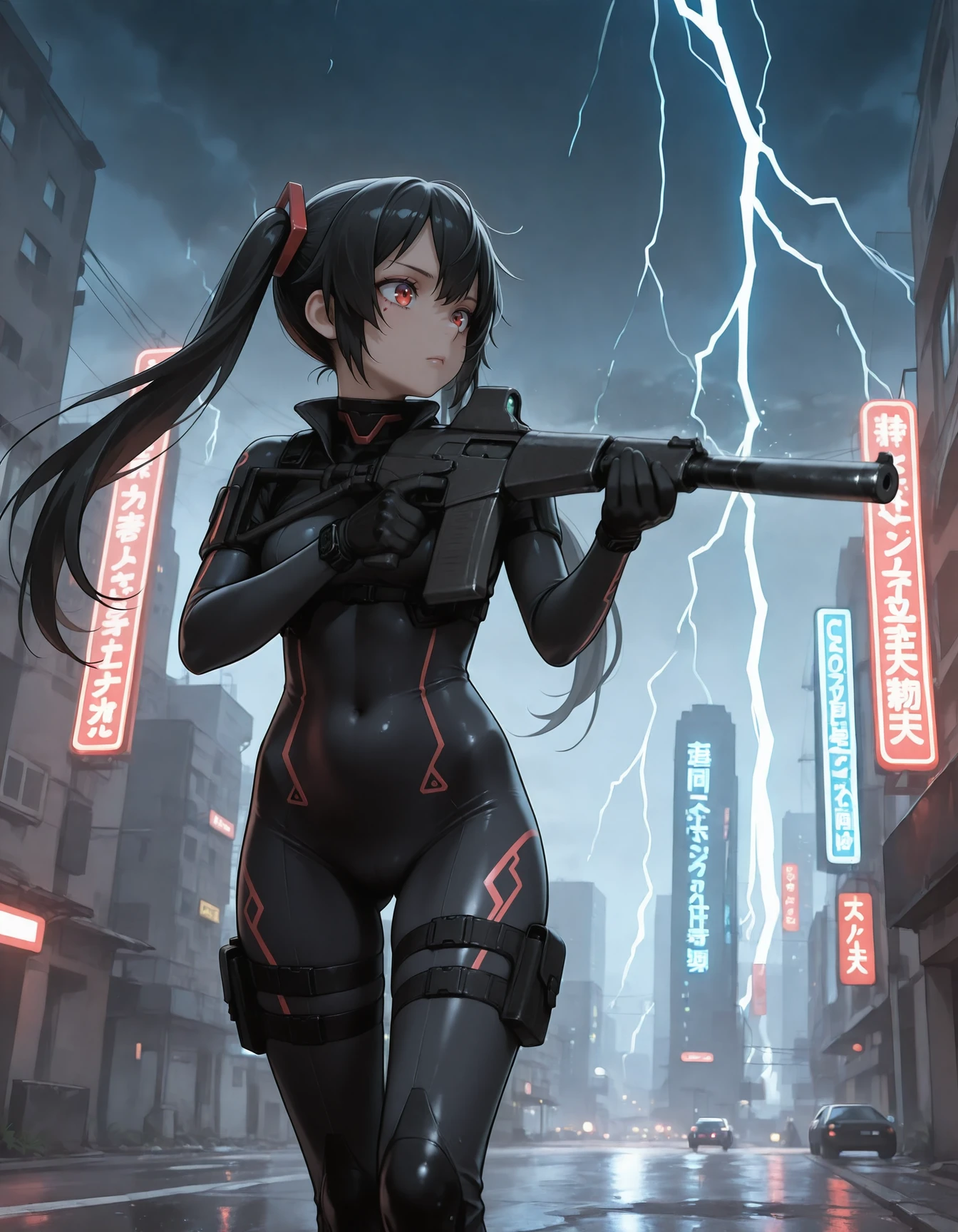 1girl, twin tails, black hair, red eyes, long hair, bodysuit, circuit tattoo,neon lights, <lora:as_val_x_vss_ill_v1.0:1> as_val_x_vss, assault rifle, suppressor, holding rifle, aiming, storm, lightning,cyberpunnk, city, outdoor, night,