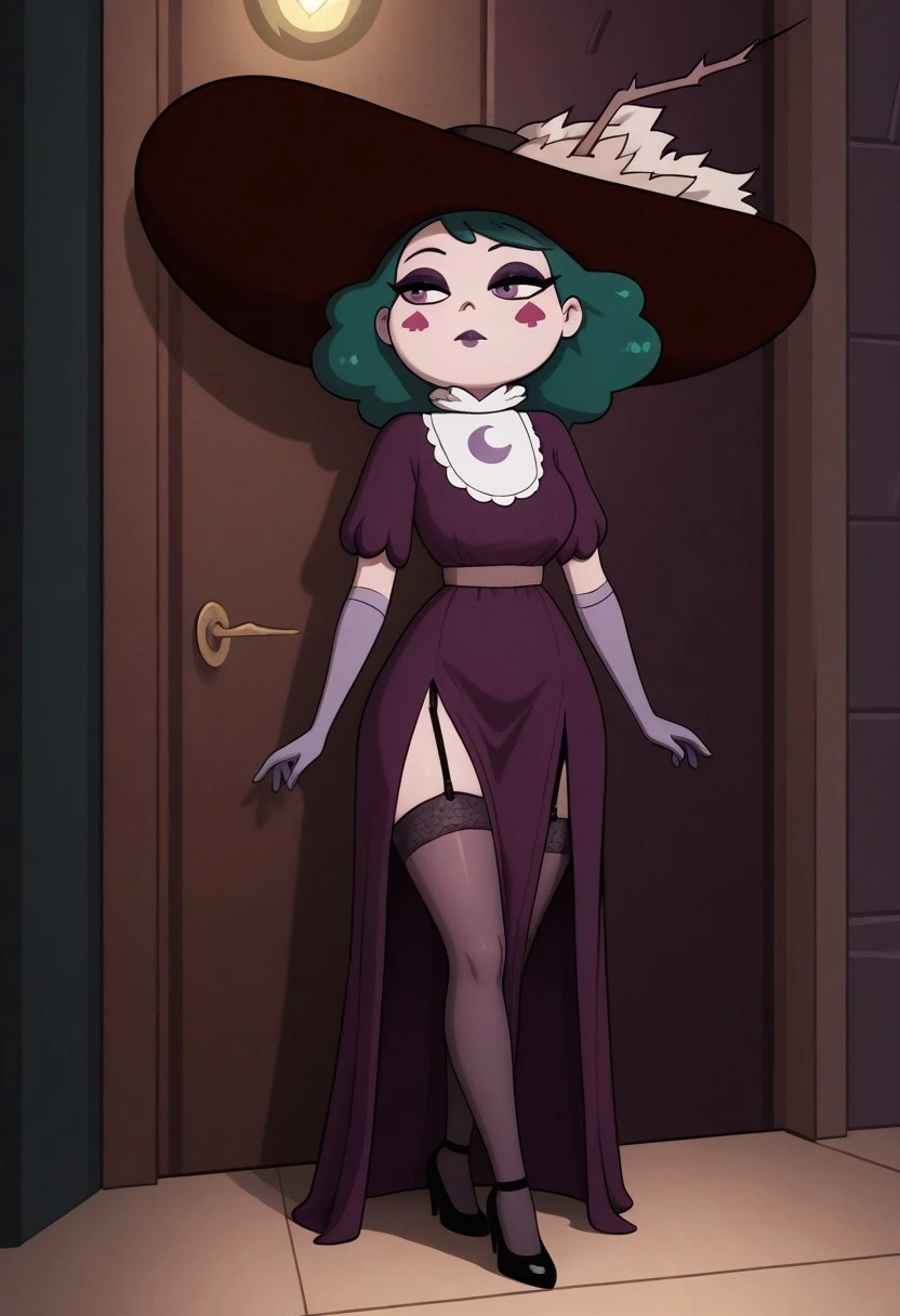 eclipsaILL, masterpiece, best quality, newest, absurdres, highres, 1girl, solo, green hair, purple eyes, makeup, , long purple dress, long hair, pantyhose, stockings, purple lipstick, elbow gloves, purple gloves, jewlery, hat, hat feather, garter straps, black footwear, eyeshadow, medium hair