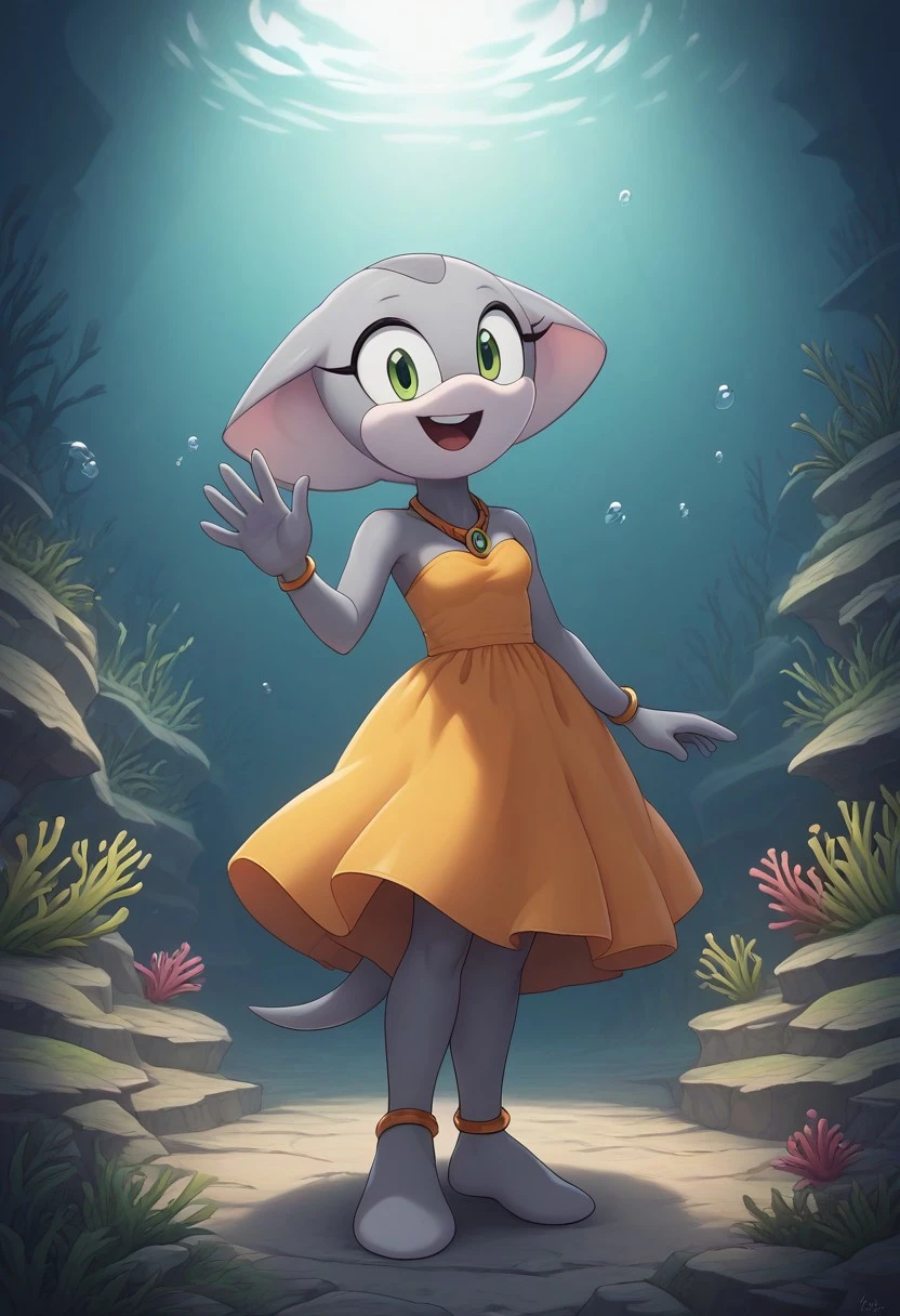 score_9, score_8_up, score_7_up, (best quality, short), ultra-detailed, high resolution, 8k, 1girl, Pearly the Manta Ray, gray skin, light green eyes, pointy gray tail, orange dress, gold necklace, smile, waving, coral reef, underwater, temple, high quality, masterpiece, BREAK outside, Rich, Detailed background, ambient light