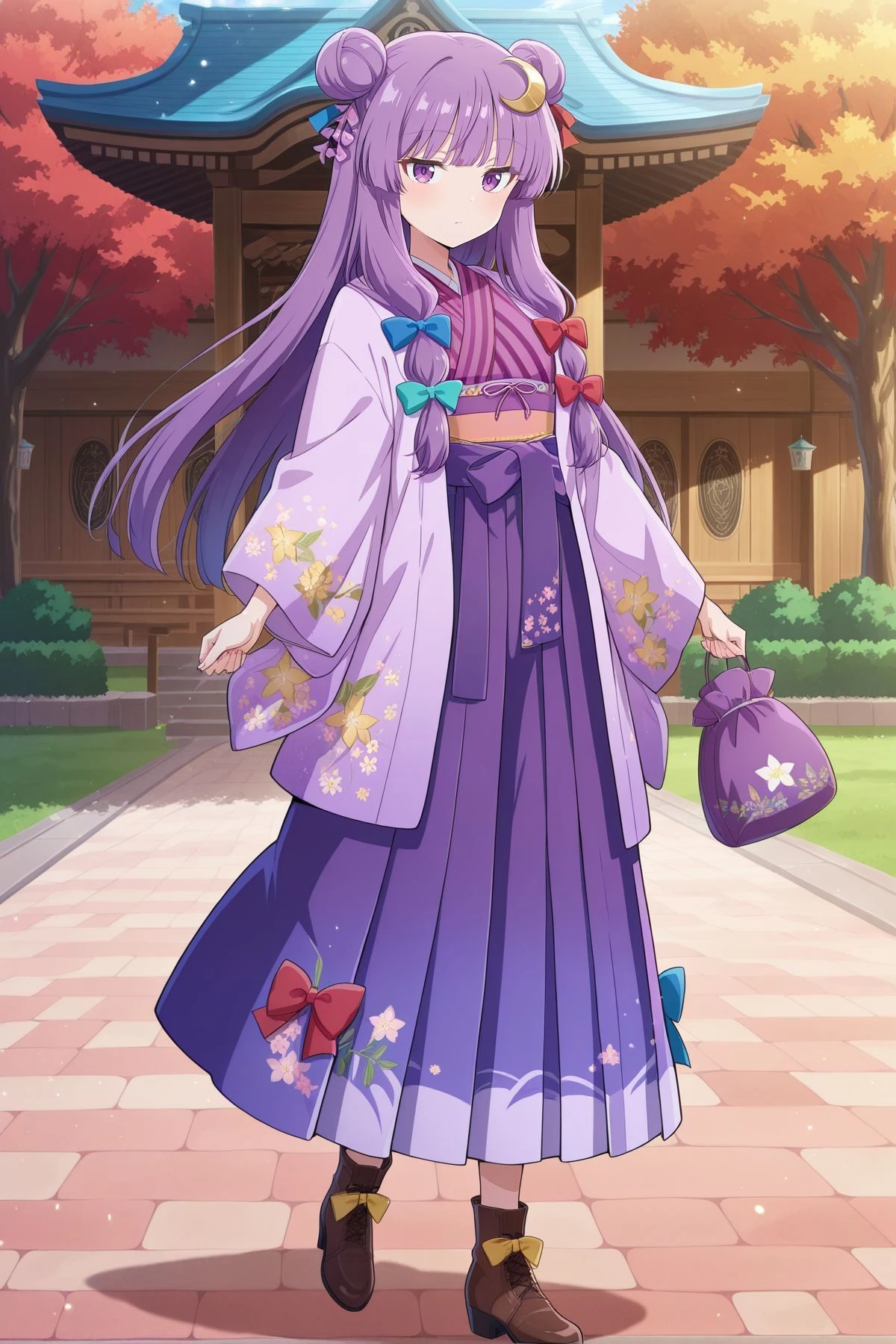 absurdres, highres, masterpiece, best quality, amazing quality, official anime artwork, screencap, anime screencap, outdoors, looking at viewer, dynamic pose,
<lora:Patchouli-Knwoledge_IllustriousV2-000049:1> patchouli knowledge, 1girl, solo, purple eyes, purple hair, long hair, sidelocks,, patchouli knowledge \(great library at the hieda residence\), alternate costume, no headwear, hair bun, double bun, hair ornament, blue bow, yellow bow, red bow, aqua bow, crescent hair ornament, purple kimono, floral print, long sleeves, wide sleeves, yellow obiage, purple obi, hakama skirt, footwear bow, brown boots, holding purple bag, kinchaku, holding book,