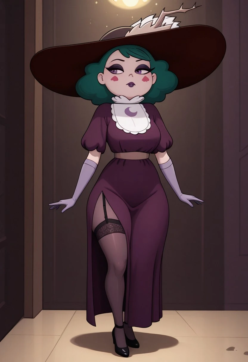 eclipsaILL, masterpiece, best quality, newest, absurdres, highres, 1girl, solo, green hair, purple eyes, makeup, , long purple dress, long hair, pantyhose, stockings, purple lipstick, elbow gloves, purple gloves, jewlery, hat, hat feather, garter straps, black footwear, eyeshadow, medium hair