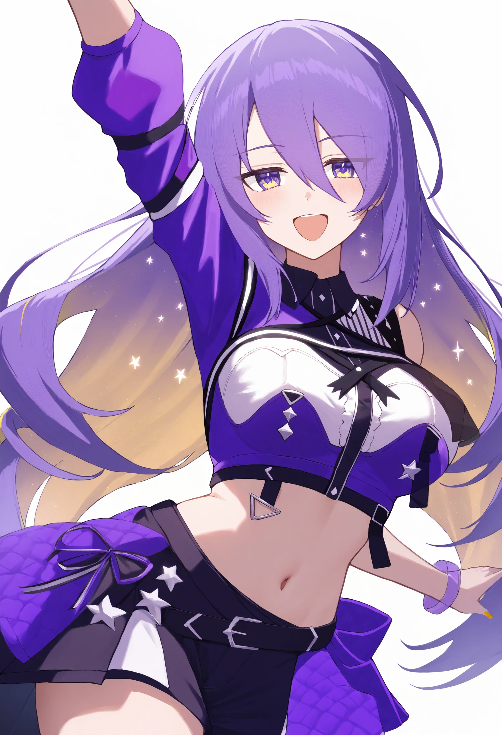 1girl, moona hoshinova, hololive, hololive indonesia, sensitive,
long hair, purple hair, colored inner hair, purple eyes, hololive idol uniform \(color rise\), navel, open mouth, smile,
white background,
masterpiece, high score, great score, absurdres, <lora:hololive-idol-uniform-color-rise:1>