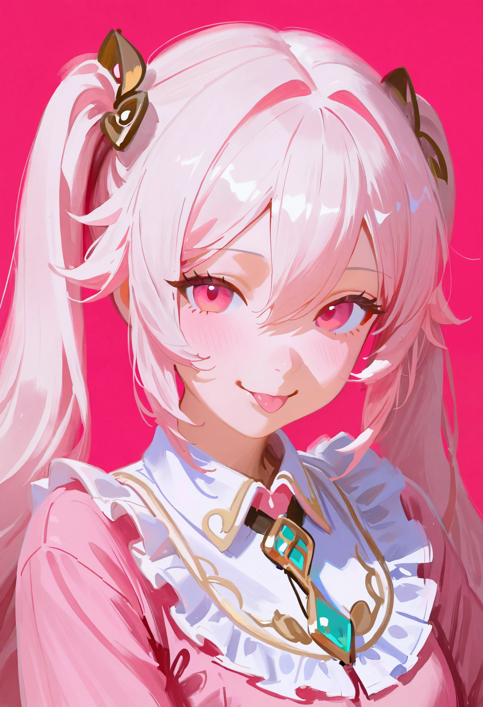 (no lineart, painting \(medium\), faux traditional media):1.7, <lora:bnl0ZStEYW9kdHQ=-illustriousXL_v01_V2-CAME:1.0>, 1girl, solo, tongue, tongue out, pink background, looking at viewer, twintails, simple background, pink eyes, long hair, :p, shirt, red eyes, hair between eyes, frills, portrait, smile, hair ornament, white hair, blush, closed mouth, sidelocks, collared shirt, pink theme, eyelashes
