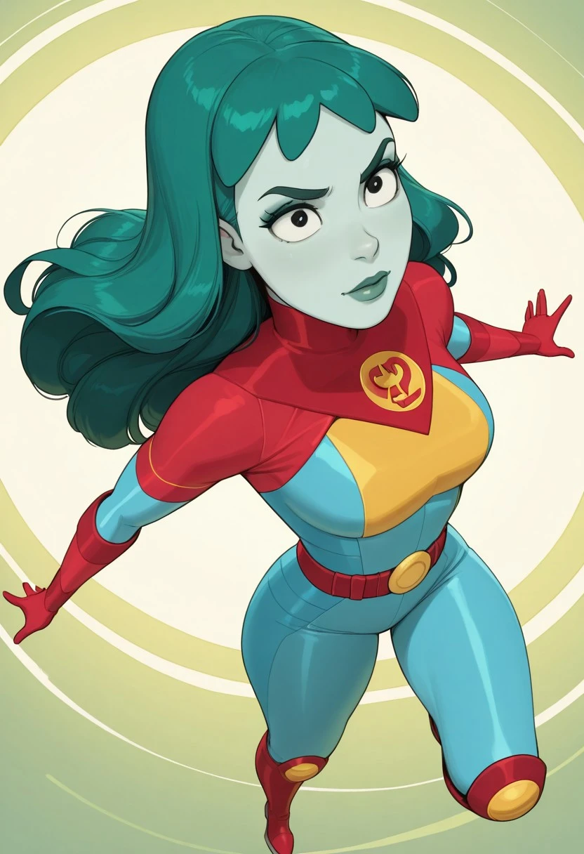planetina, masterpiece, best quality, newest, absurdres, highres, 1girl, solo, colored skin, green hair, red gloves, blue skin, long hair, belt, red footwear, green lips, red footwear, superhero outfit, , slimthick, black eyes, makeup, boots, dynamic angle, foreshortening,