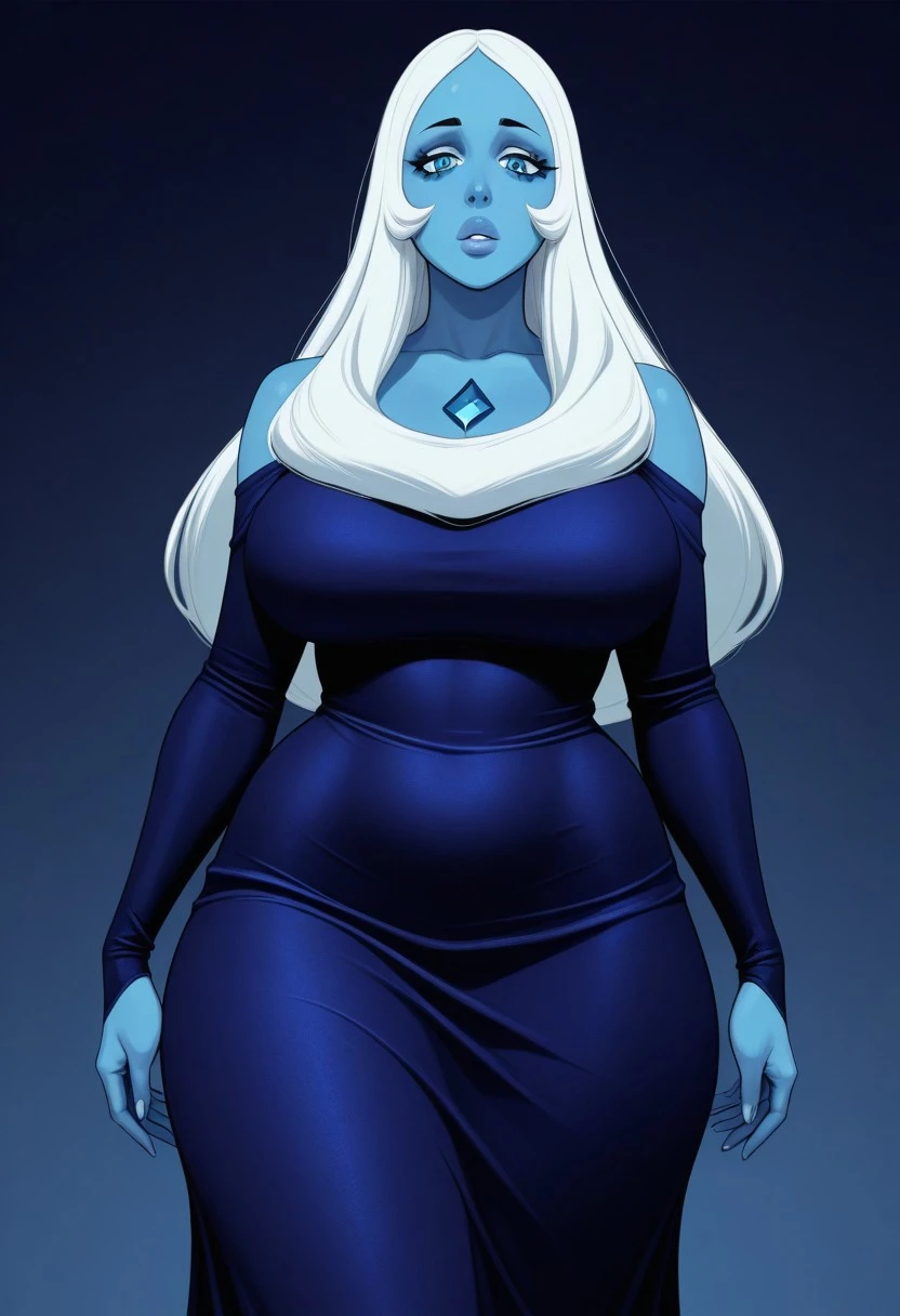 bluediamond, masterpiece, best quality, newest, absurdres, highres, 1girl, solo, colored skin, long hair, white hair, blue skin, blue eyes, long blue dress , thick, curvy, tall female, eyelashes, glossy lips,