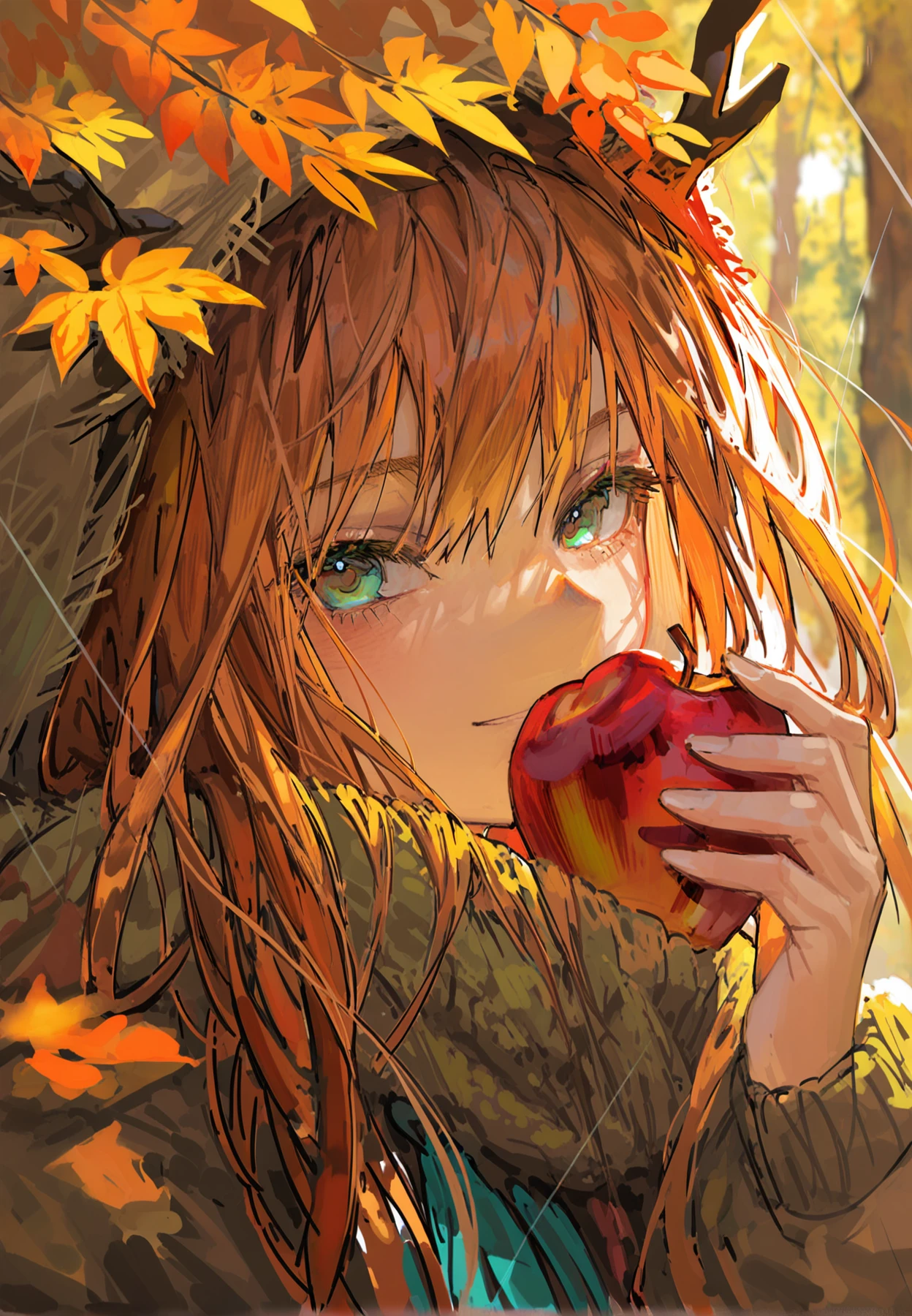 best quality,masterpiece,absurdres,newest,
<lora:FXP-01R_loraplus_huber:0.9>,
(thick contour lines:1.1),(colorful:1.2),(realistic:1.1),
(This is an illustration in a bold semi-realistic style, characterized by thick yet precise linework and a sophisticated fusion of soft, delicate tones with intensely saturated chromatic harmonies. The artwork employs heavy, textured brushstrokes to meticulously render intricate details, achieving a striking equilibrium between painterly expressiveness and semi-realistic precision through its layered, dimensional approach to form and materiality. :1.25),multicolored hair, colored inner hair,
Close-up shot on the face of a smiling girl with small, deer-like antlers (instead of horns) peeking through tangled auburn hair. Gentle autumn leaves are falling around her instead of rain. She is offering a small, ripe apple towards the viewer with a warm, inviting expression. Soft sunlight filters through the canopy of an autumn forest. Warm, cozy atmosphere, painterly style, shallow depth of field focusing on her face and the apple.