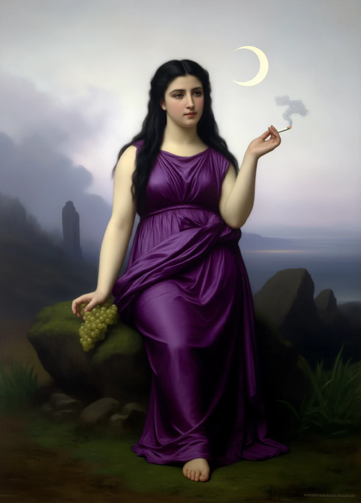 A painting in the style of William-Adolphe Bouguereau, depicting the Moon Goddess, Luna. She is portrayed as a strikingly beautiful woman with incredibly long, straight black hair that cascades down her back like a silken, midnight waterfall, reaching her hips as she sits elegantly on a moss-covered rock. She is clad in a flowing, luxurious deep purple silk long dress, the fabric draping softly around her form and pooling slightly at her feet.
Her gaze is calmly directed forward expression. In one hand, she delicately holds a lush bunch of green grapes, their surfaces gleaming faintly in the soft light. Between the fingers of her other hand, she holds a lit cigarette, a thin, almost ethereal wisp of smoke curling upwards towards the pale sky.
The background remains a soft, slightly blurred landscape with dark, atmospheric rocky formations and hints of nocturnal greenery under a pale, perhaps moonlit sky showing a crescent moon. The overall lighting is soft and ethereal, characteristic of Bouguereau, highlighting the goddess's delicate features, the glossy sheen of her black hair, the rich texture of the silk dress, the translucence of the grapes, and the faint trail of smoke. The artwork emphasizes classical beauty fused with an unexpected modern element, rendered with exceptionally smooth brushstrokes and meticulous realism.