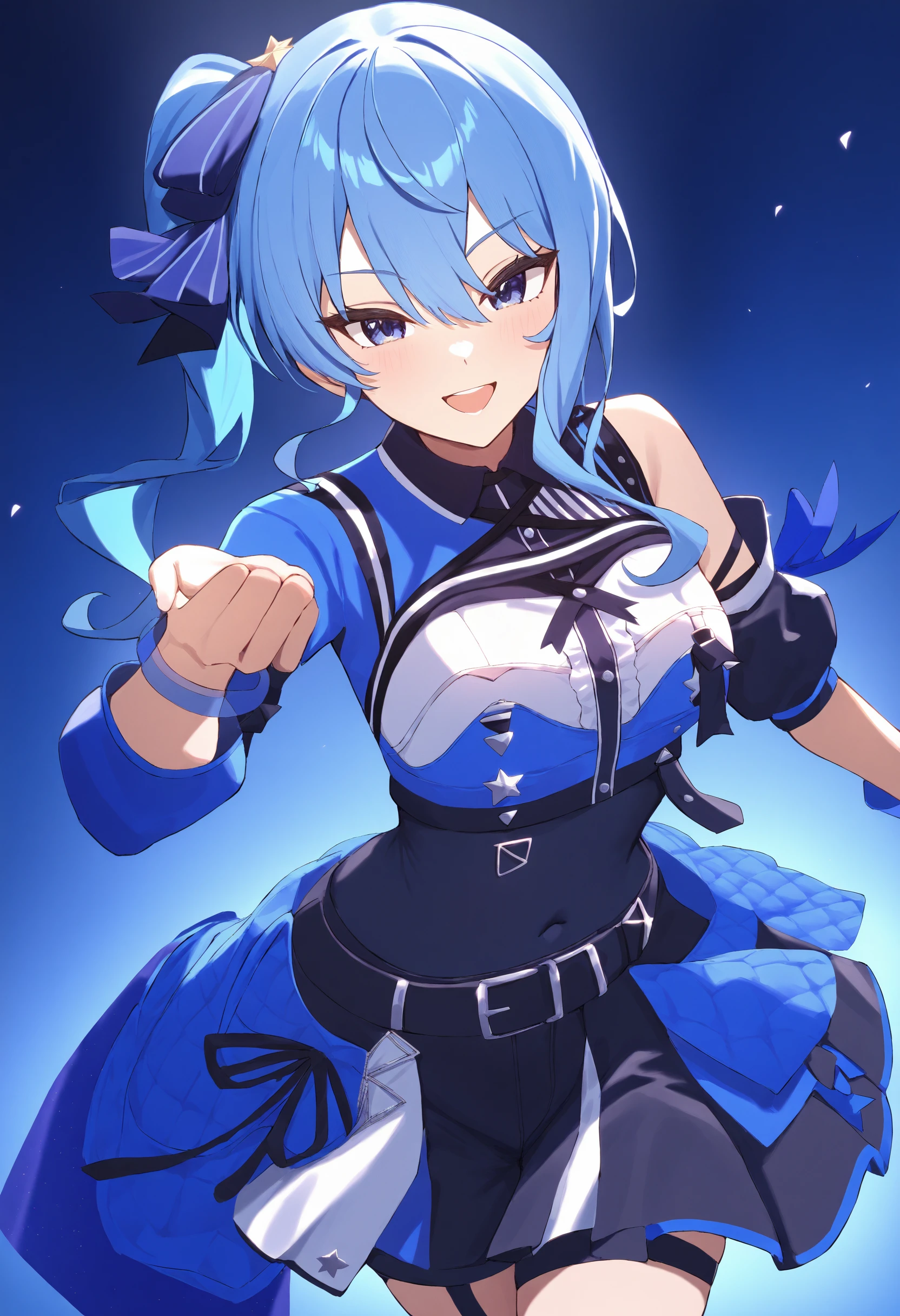 1girl, hoshimachi suisei, hololive, hololive indonesia, sensitive,
long hair, blue hair, blue eyes, side ponytail, hololive idol uniform \(color rise\), open mouth, smile, covered navel,
blue background,
masterpiece, high score, great score, absurdres, <lora:hololive-idol-uniform-color-rise:1>