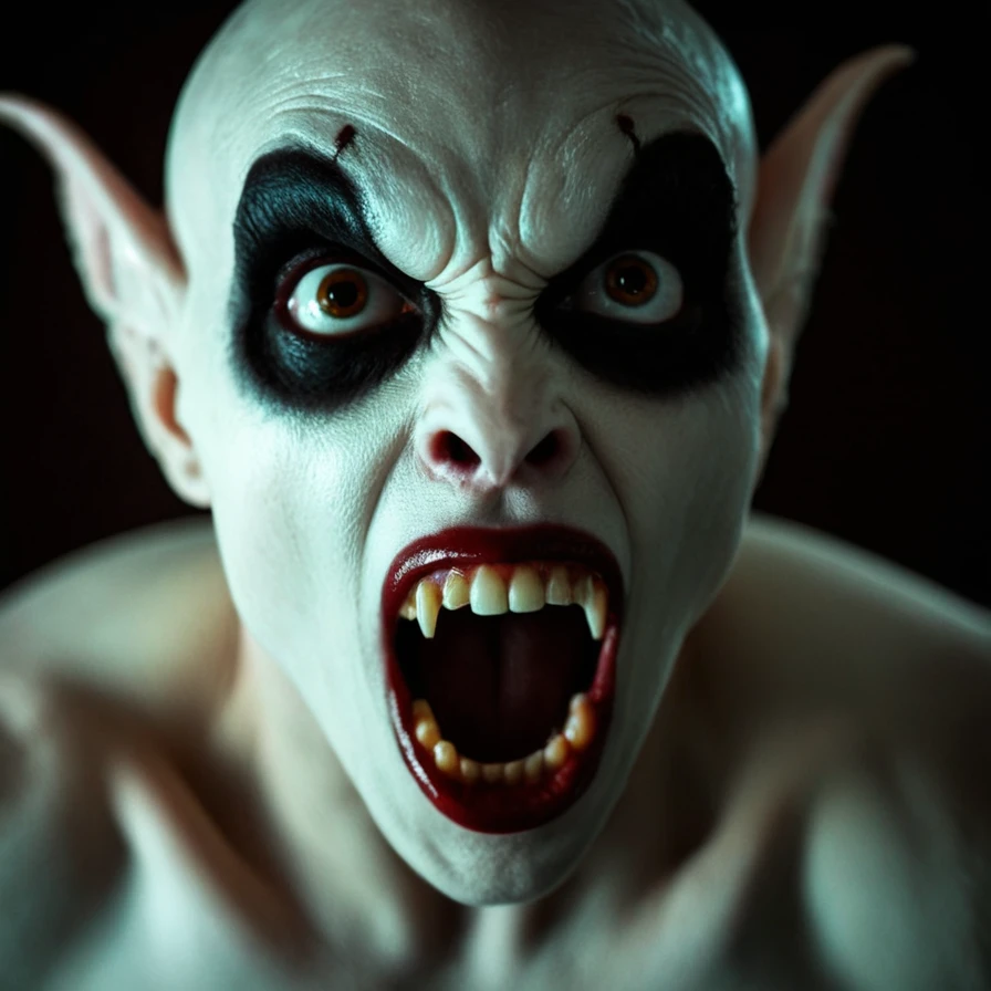 cinematic film still of <lora:Santanico Pandemonium Esmeralda Illu XL v1.1:0.8>
Vampire creature monster Santanico Pandemonium Esmeralda a close up of a Vampire creature monster person with a weird face staring at camera with big staring vampire eyes, perfect image, perfect body, perfect anatomy, sharp image, detailed image, detailed background, cinematic color style, cinematic film style, Santanico Pandemonium Esmeralda style, solo, looking at viewer, blurry, blurry background, fangs, portrait, open mouth, simple background, black background, bald, horror (theme), brown eyes, no humans, colored skin, slit pupils, colored sclera, alien, photorealistic looking down, camera from below, closeup, shallow depth of field, vignette, highly detailed, high budget, bokeh, cinemascope, moody, epic, gorgeous, film grain, grainy