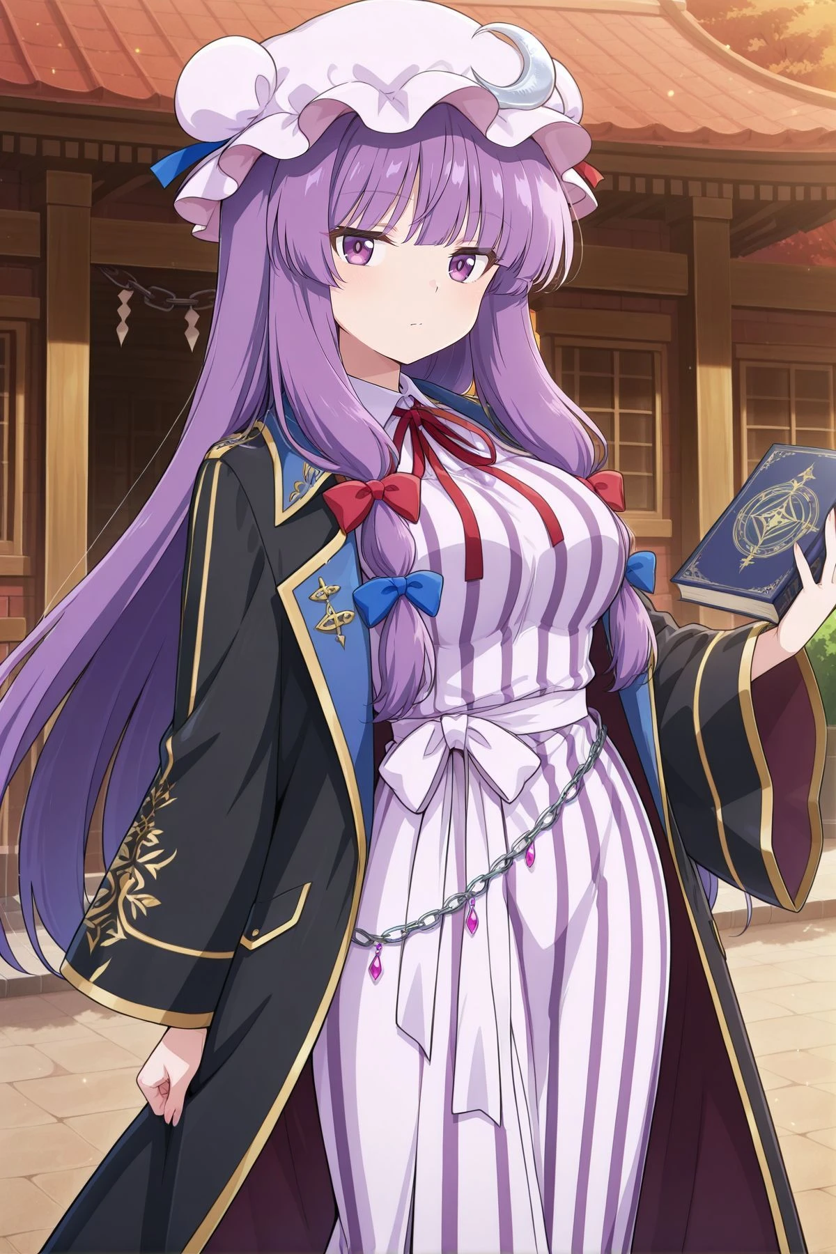 absurdres, highres, masterpiece, best quality, amazing quality, official anime artwork, screencap, anime screencap, outdoors, looking at viewer, dynamic pose,
<lora:Patchouli-Knwoledge_IllustriousV2:1> patchouli knowledge, 1girl, solo, purple eyes, purple hair, long hair, sidelocks,, patchouli knowledge \(loyal elemental magician\), alternate costume, white mob cap, crescent hat ornament, blue bow, red bow, blue ribbon, black coat, long sleeves, wide sleeves, open coat, chain, white dress, vertical-striped dress, red ribbon, ribbon belt, white belt, robe, holding book,