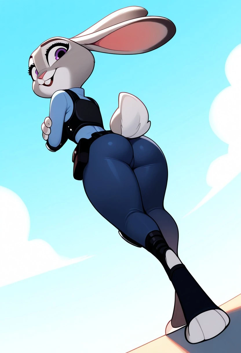 judyhoppsILL,masterpiece, best quality, newest, absurdres, highres, 1girl, solo, furry, furry female, anthro, animal ears, rabbit ears, tail, rabbit girl, body fur, purple eyes, rabbit tail, grey fur, grey body, police uniform, buck teeth, rabbit, blue pants, stirrups, toeless legwear,  dynamic angle, foreshortening,
