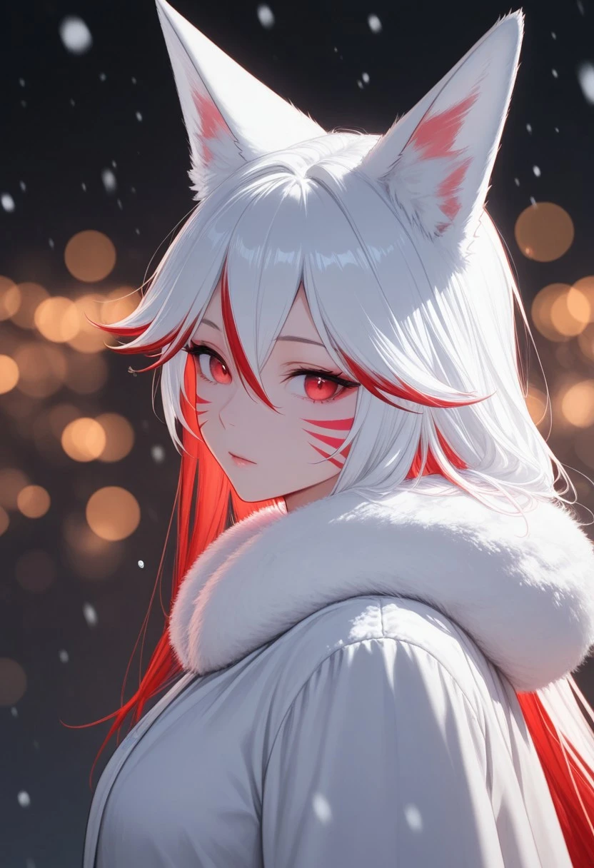 1girl,fox ears,red eyes,white hair,red hair,long hair,hair between eyes,multicolored hair,red whisker markings,fur trim,upper body,from side,snowing,bokeh,masterpiece,best quality,looking at viewer,