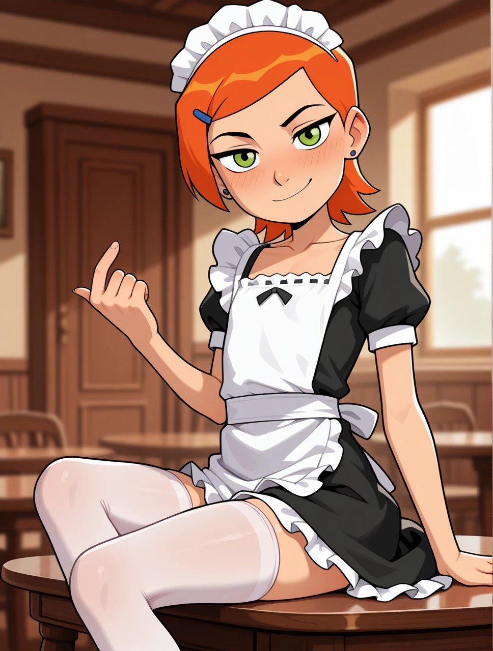 masterpiece,best quality,amazing quality,very aesthetic,high resolution,ultra-detailed,absurdres,newest,
Gwendolyn_Tennyson, calling viewer toward her, (beckoning finger), solo,maid, side smile, collarbone ,maid headdress,looking at viewer,apron,indoors,depth of field, sitting on table, legs, stockings, tracing finger on table
<lora:GwenTen-Illus-13:1>
