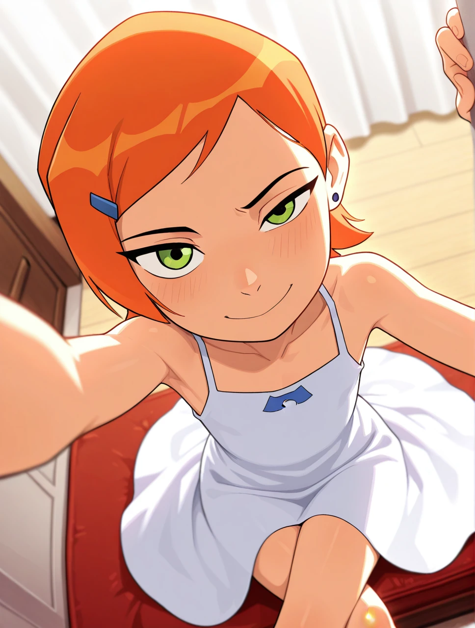 masterpiece,best quality,amazing quality,very aesthetic,high resolution,ultra-detailed,absurdres,newest,
Gwendolyn_Tennyson, reaching out, winking, solo, white dress, collarbone, bare shoulders, looking at viewer, fancy room, gentle smile, sitting, crossed legs, (chandelier:0.4), depth of field, from above
<lora:GwenTen-Illus-13:1>